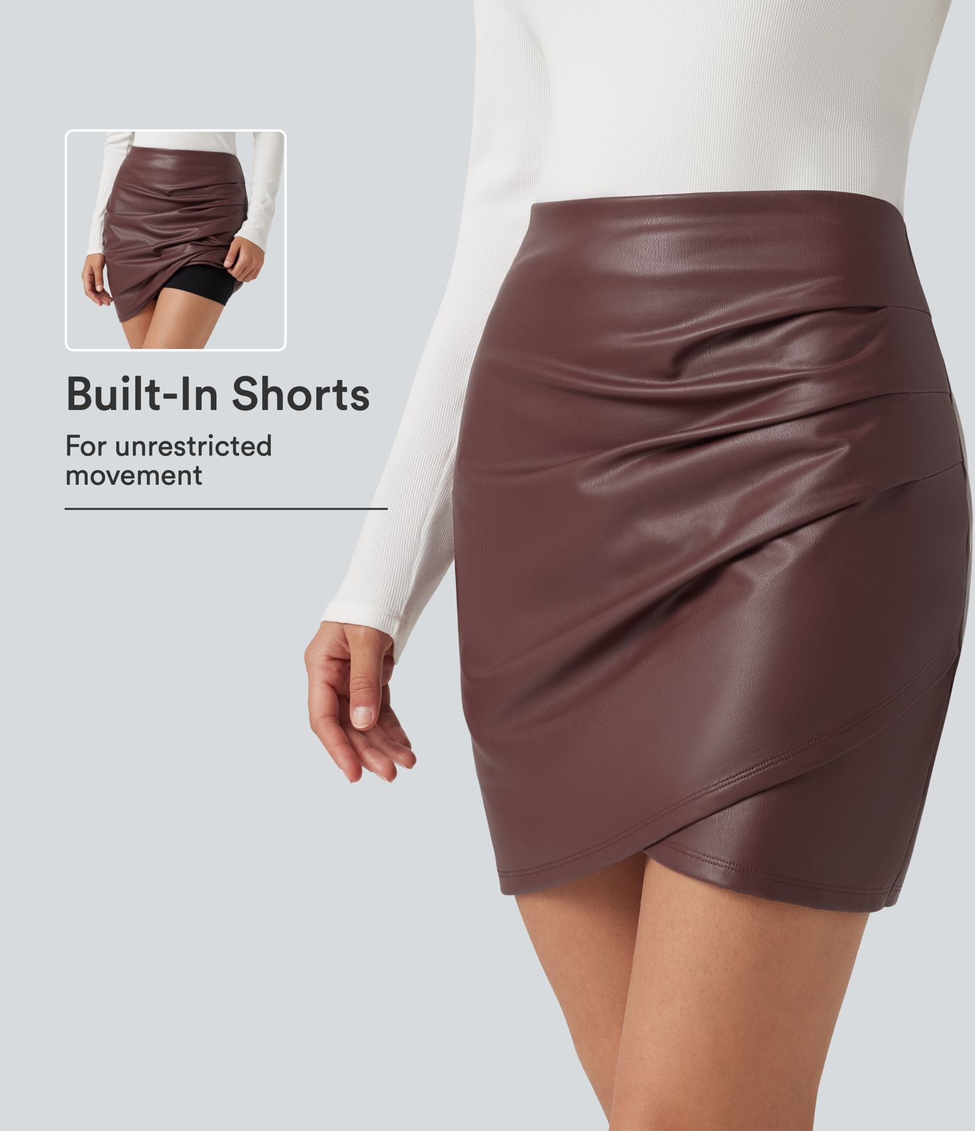 Jupe-short mini moulante taille haute en simili doublé polaire avec fronces et ourlet croisé