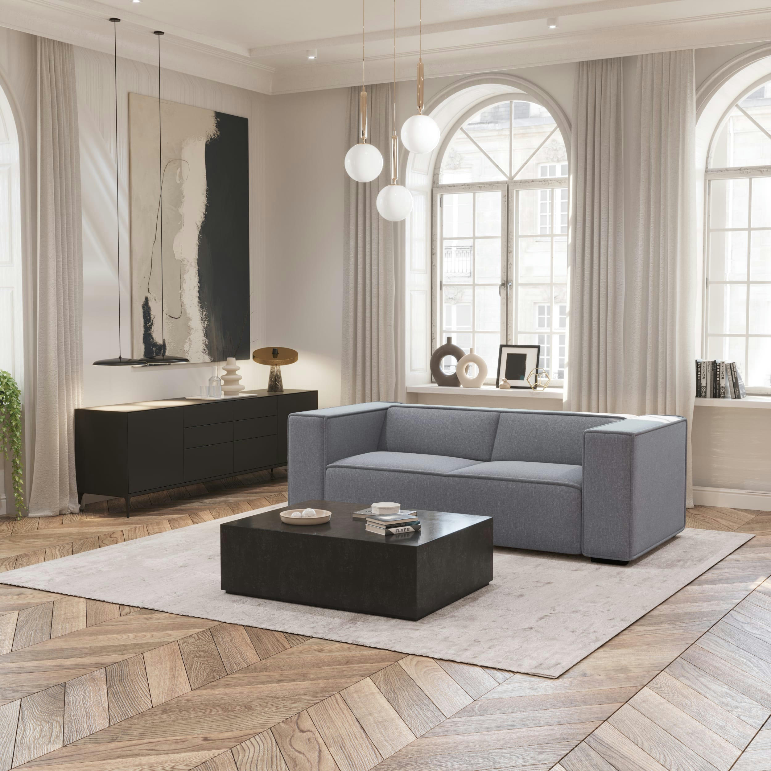 KAYA - Canapé 3 places tissu tramé gris clair