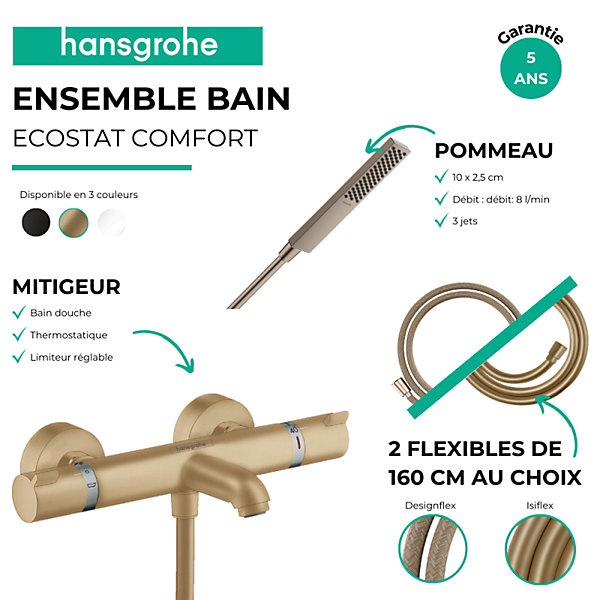Pack mitigeur bain douche thermostatique HANSGROHE Ecostat Comfort   Flexible Designflex   Pommeau Pulsify E bronze brossé