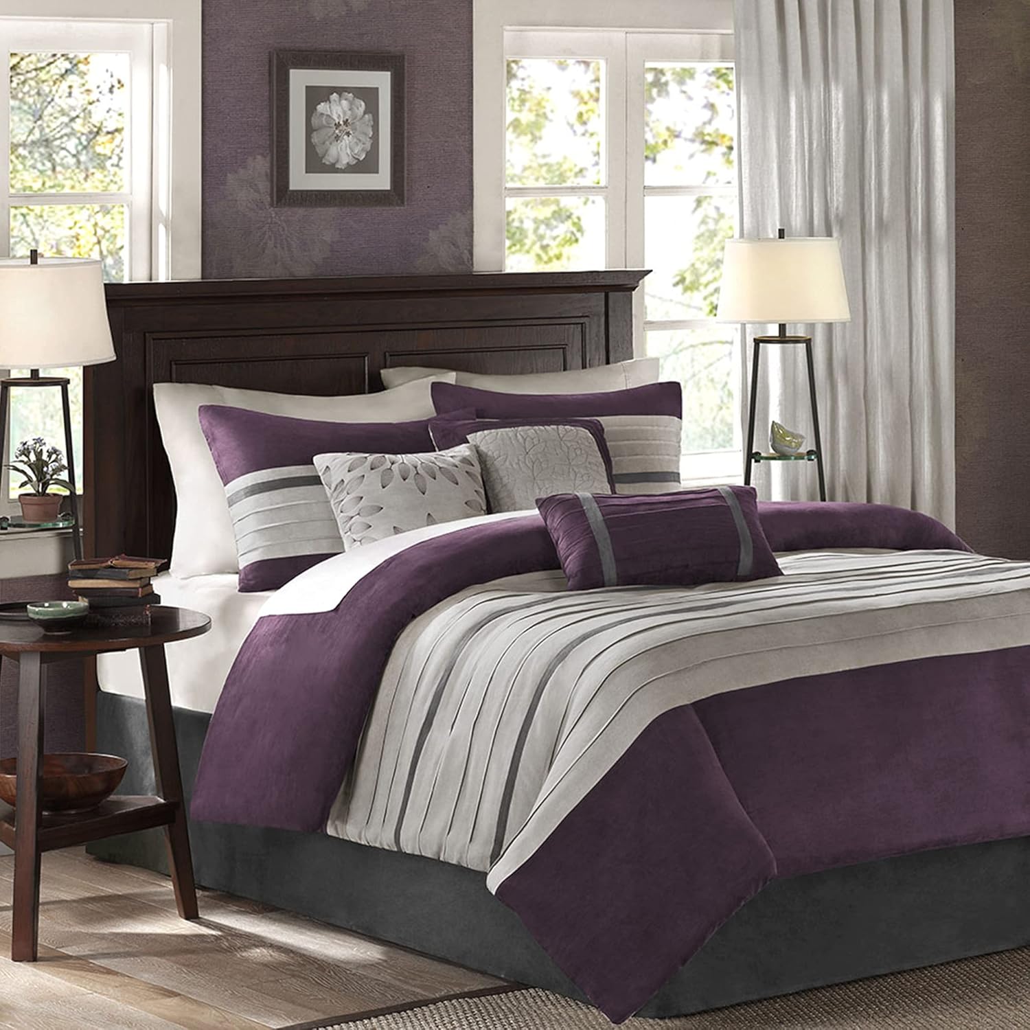 Madison Park - Palmer 7 Piece Comforter Set - Plum - California King - Pieced Microsuede - Includes 1 Comforter, 3 Decorative Pillows, 1 Bed Skirt, 2 Shams,Purple
