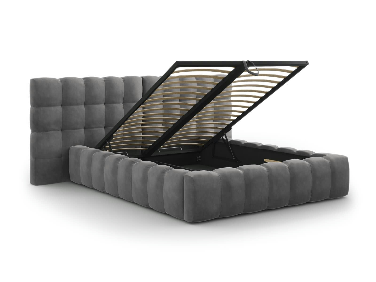 MAMAIA - Lit coffre en avec tête de lit double 160x200cm en tissu velours gris