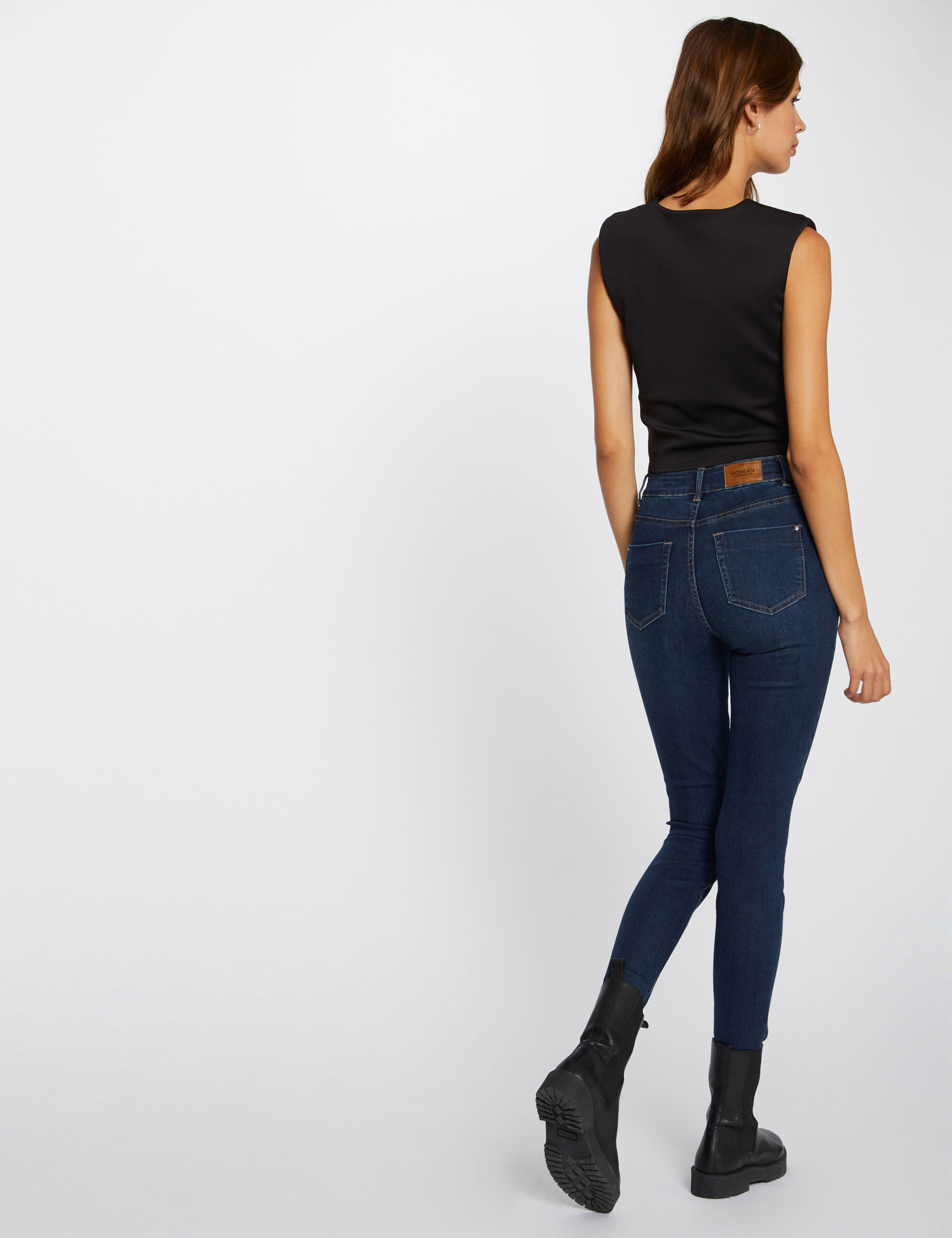 High-Waisted Cropped Slim Jeans Raw Denim Women
