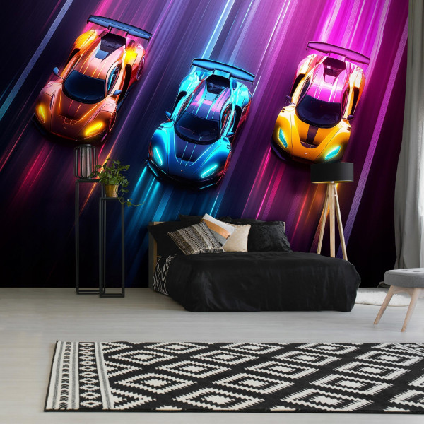 Fototapeta Dla Dzieci Samochody Wyścigowe Neon Tapeta Flizelina 250X175