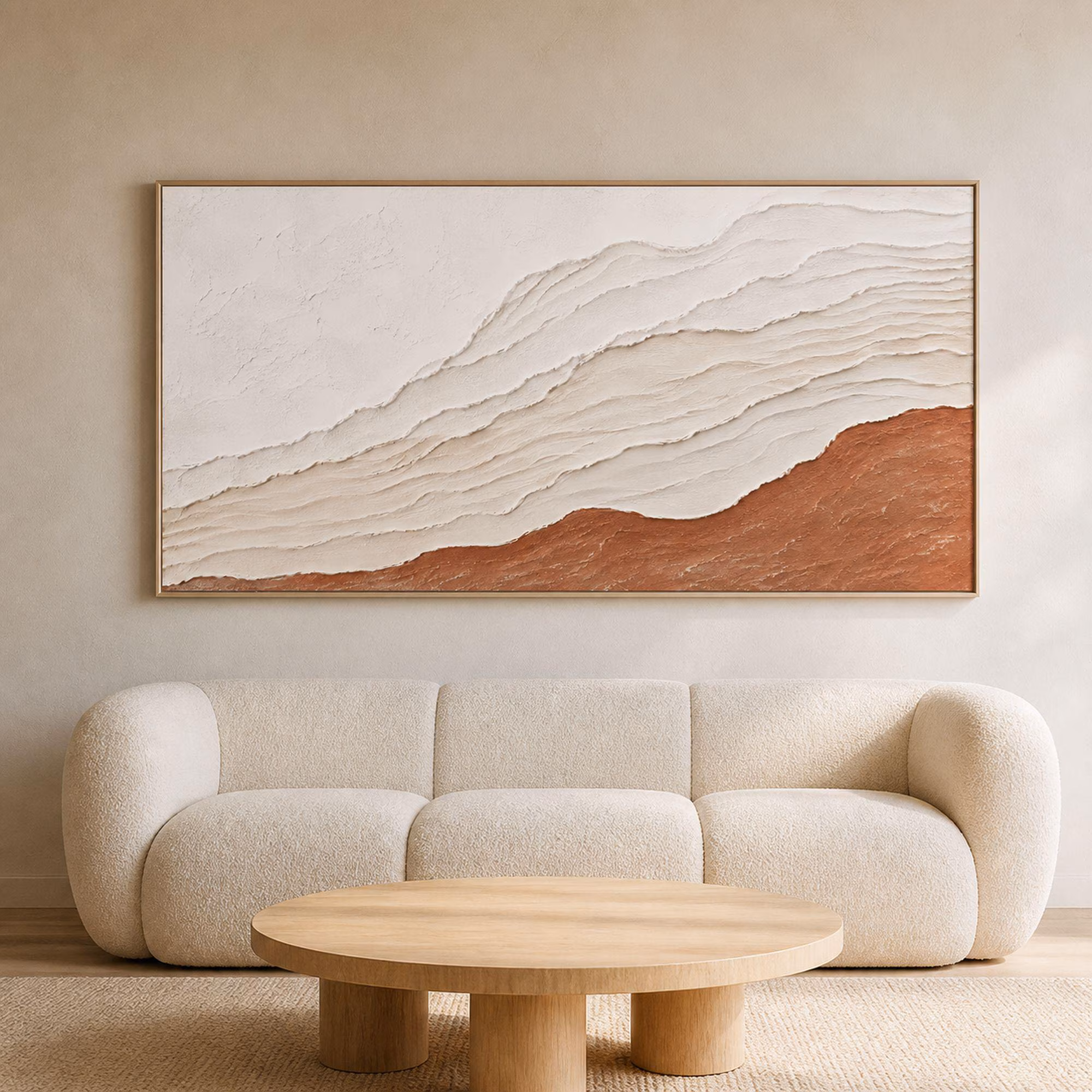 Terracotta Ridge Abstract Art, Ivory Textured Layers, Panoramic Earth Decor