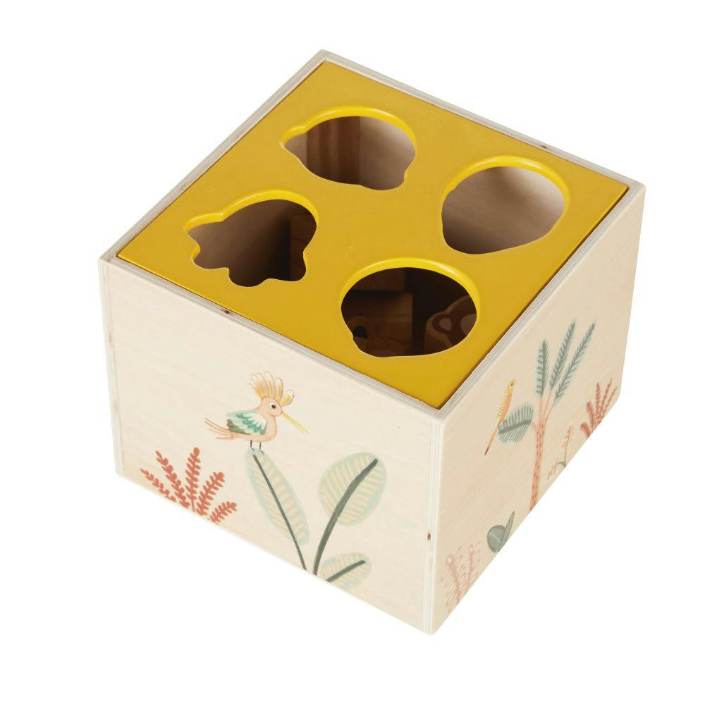 - Cube d'éveil à motifs animaux jaunes, marron et bleus