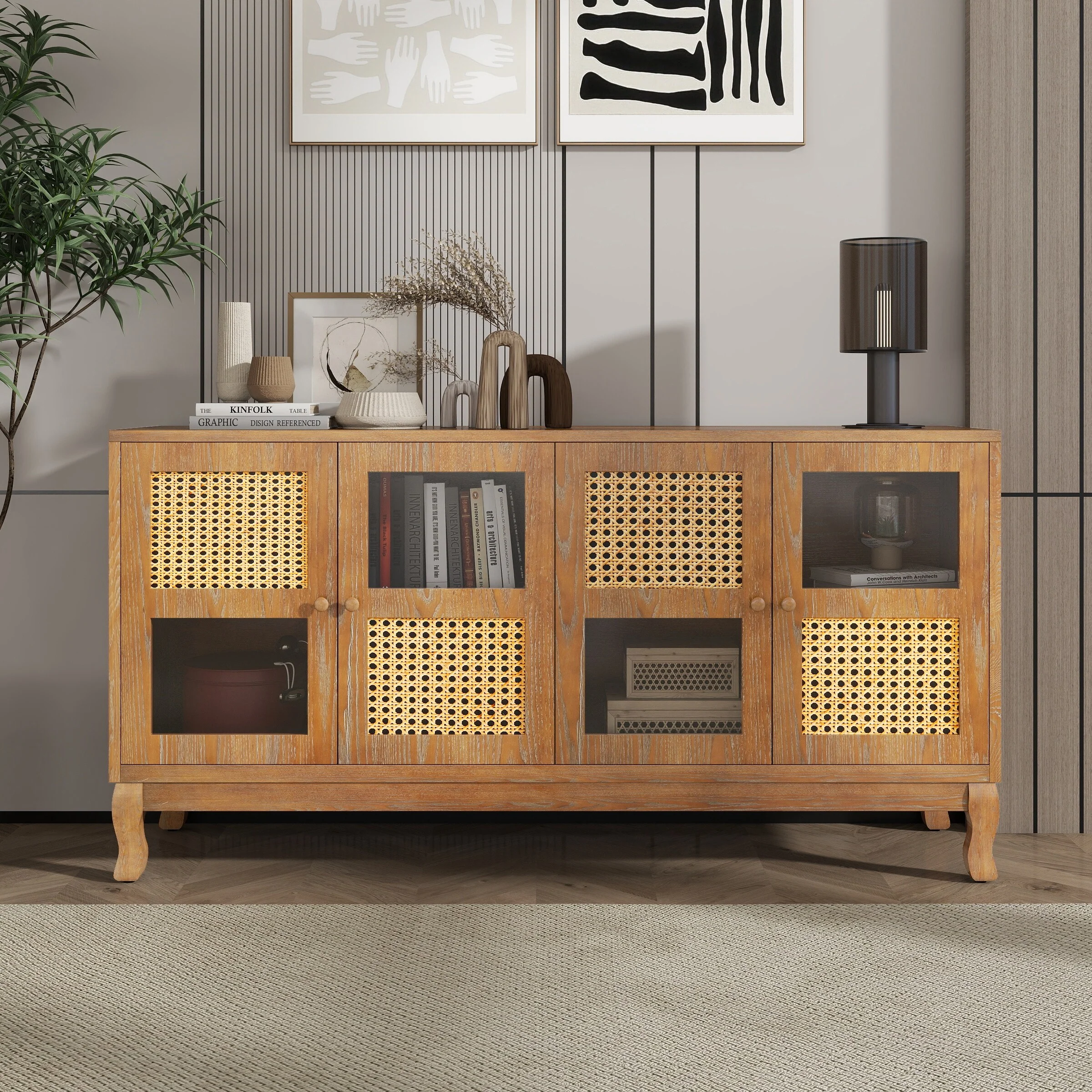 Retro 4-Door Sideboard with Artificial Rattan Doors & Transparent Glass