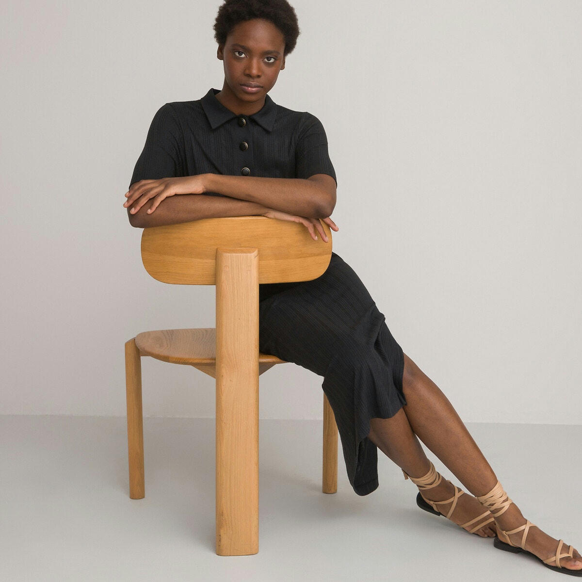 Robe col polo longue, maille à côtes