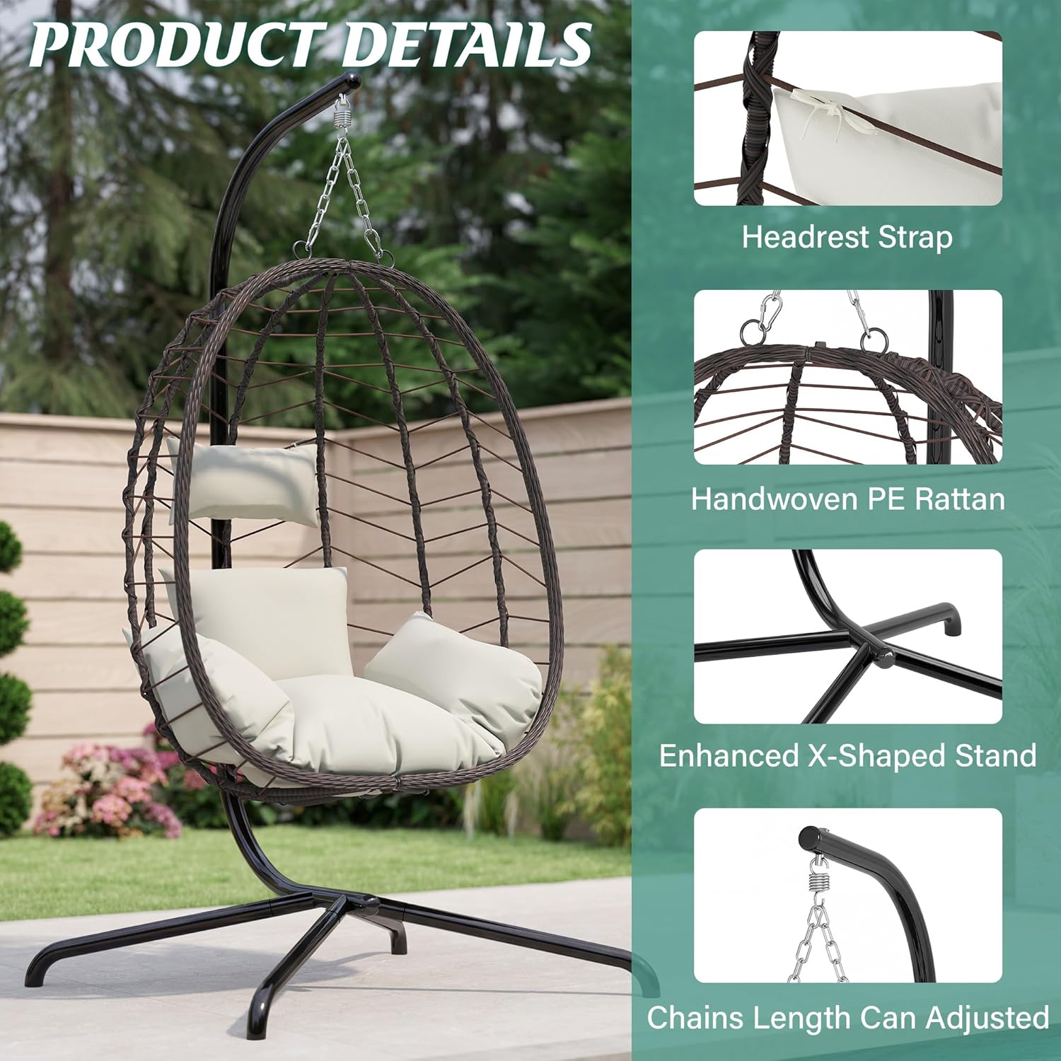 LEX CRAFT Hanging Egg Chair with Stand, Swinging Egg Chair Outdoor Indoor, Hanging Basket Chair with Cushion, Patio Wicker Hammock Chair 350lbs Capacity for Porch, Balcony, Backyard, Garden (Beige)