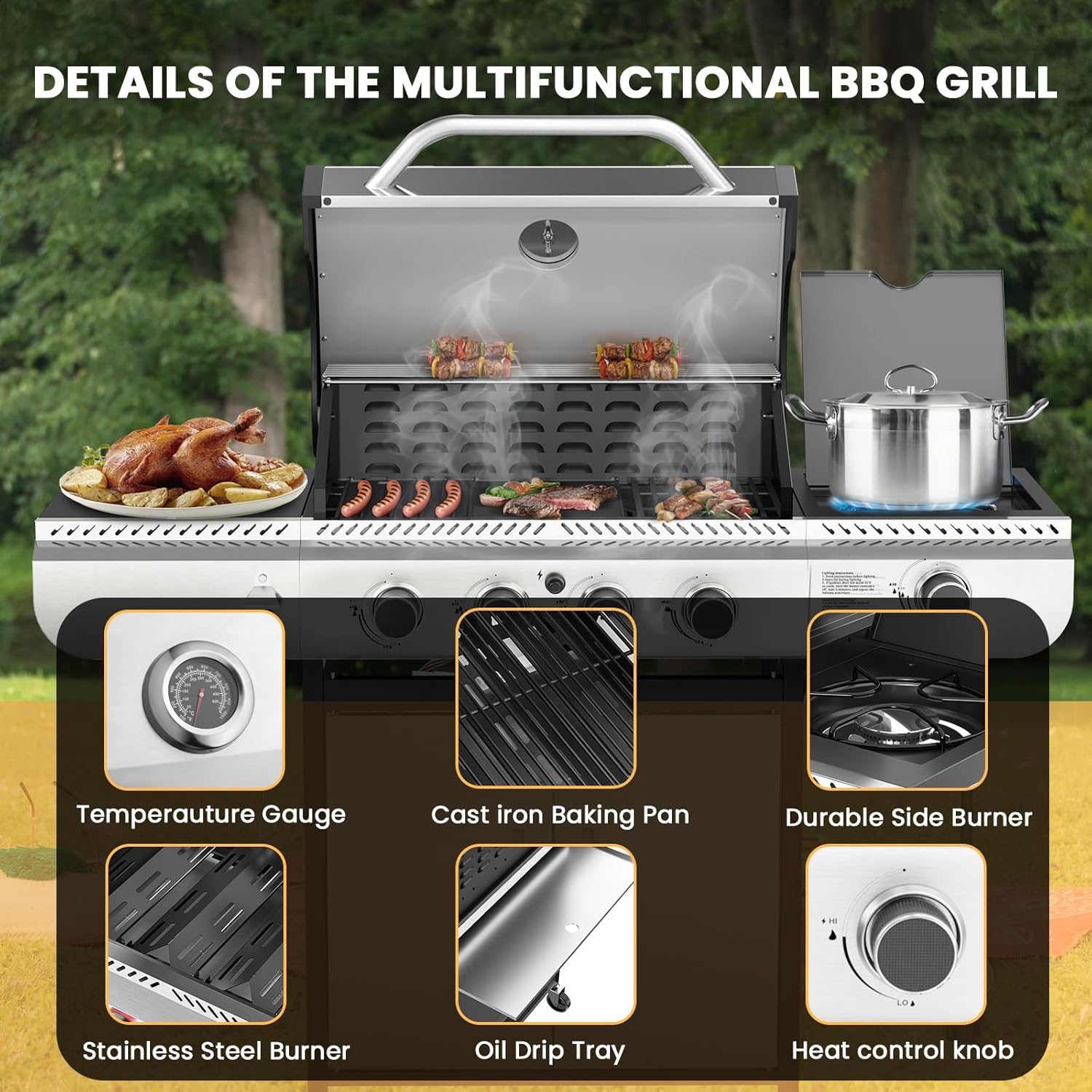 4-Burner Gas Grill with Side Burner Stainless Steel Propane Grill with Porcelain-Enameled Grills Built-In Thermometer 42000BTU BBQ Grill for Outdoor Cooking and Patio Barbecues
