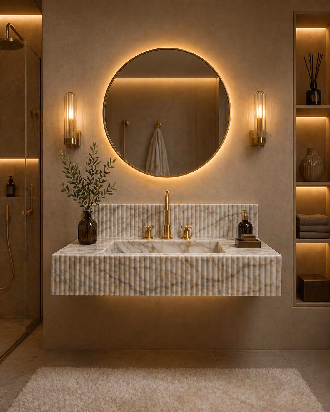 Luxury Calacatta Gold Marble Sink with Backsplash, Custom Size Handcarved Fluted Bathroom Wash Basin