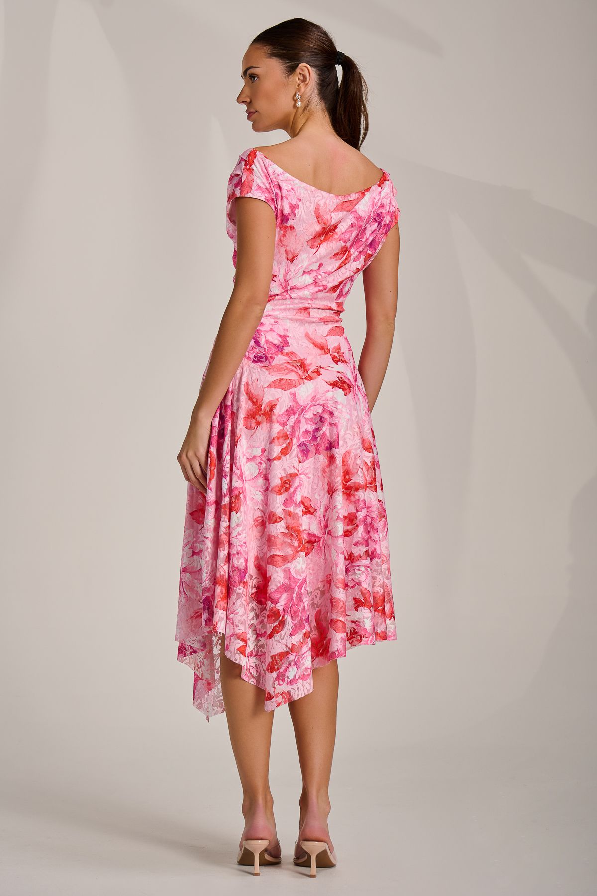 Jolie Moi Asymmetric Printed Lace Draped Dress