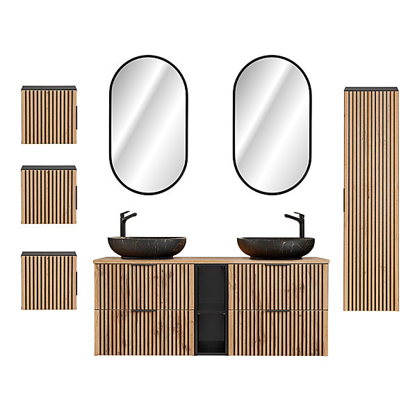 Ensemble meuble double vasque 140cm 2 niches miroirs LED colonne et 3 armoires murales Gaia Bois et Noir - Vasque Noir