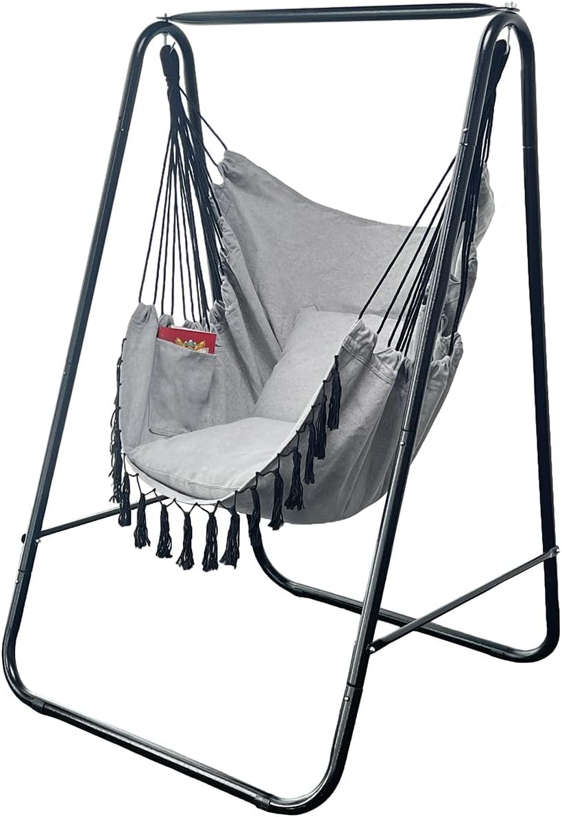 Hammock Chair with Stand,Heavy-Duty Hammock Stand with Large Indoor Swing,MAX Load 500 LBS,Hanging Chair with Stand for Indoor Outdoor,Swing Chair with 2 Cushions Included(Grey)