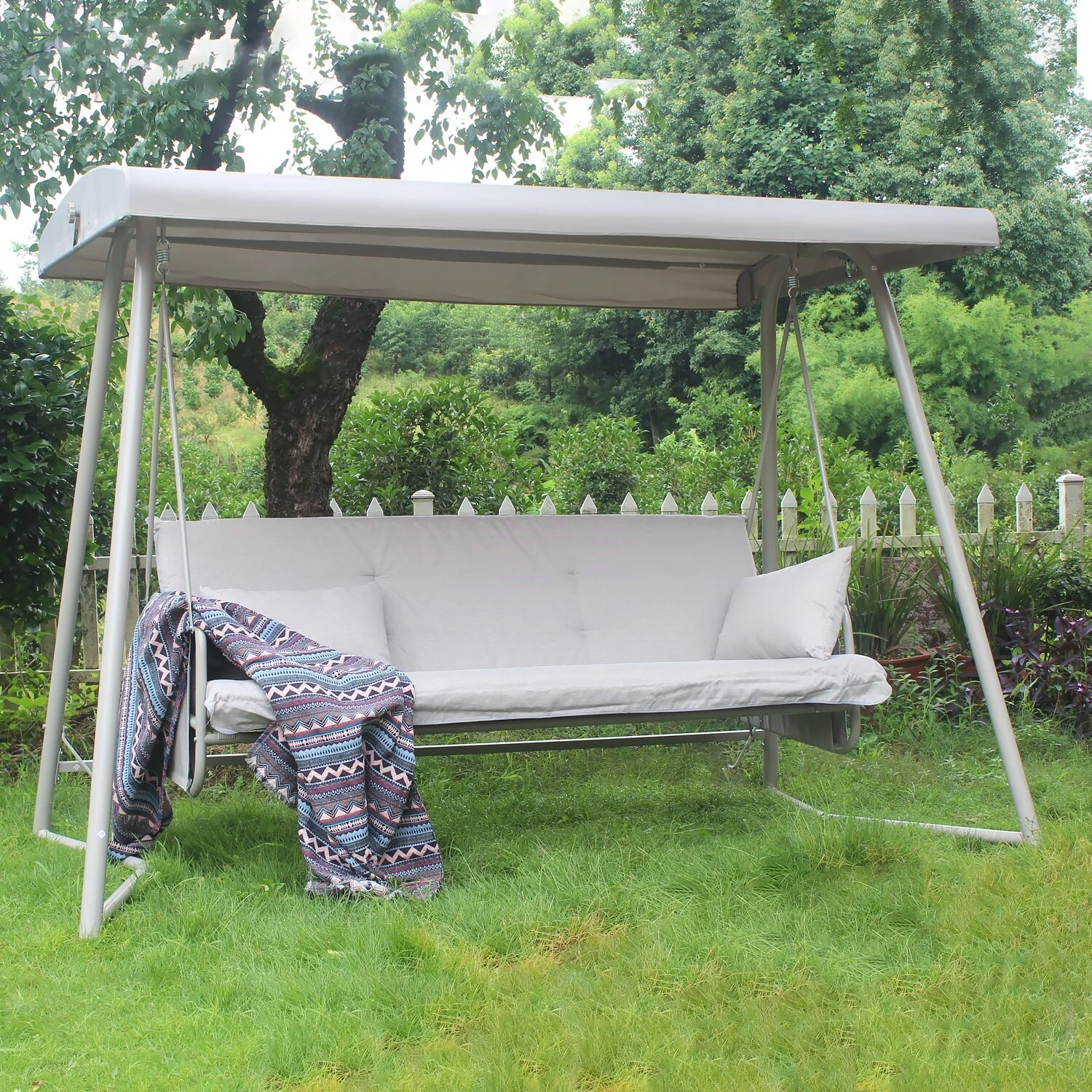 Metal Frame Swing Chair Convert Swing Bed with Adjustable Canopy Outdoor Patio Hanging Chair Hammock Chairs, 3-Seater