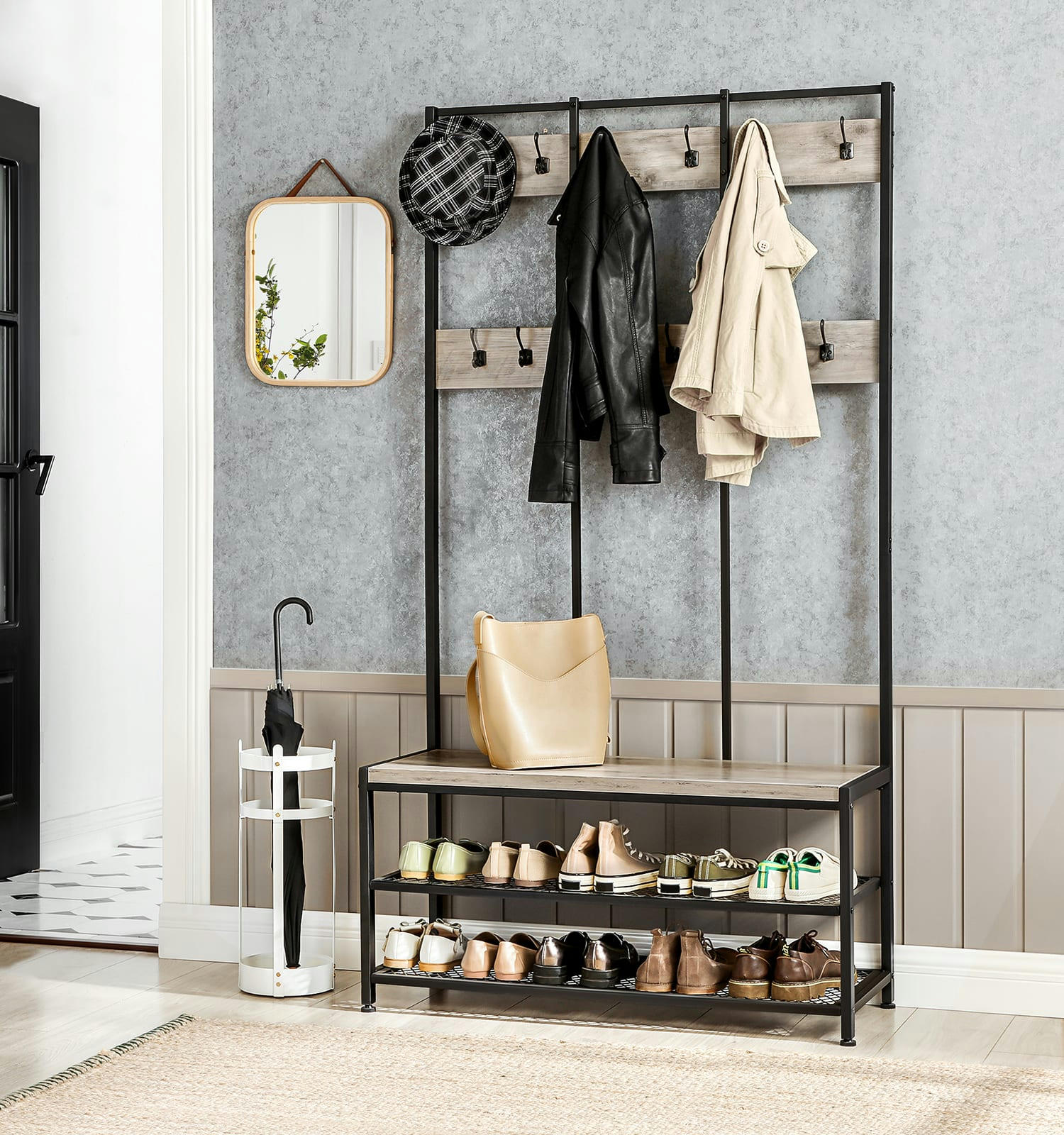 - Grand portemanteau cadre en acier, grège et noir