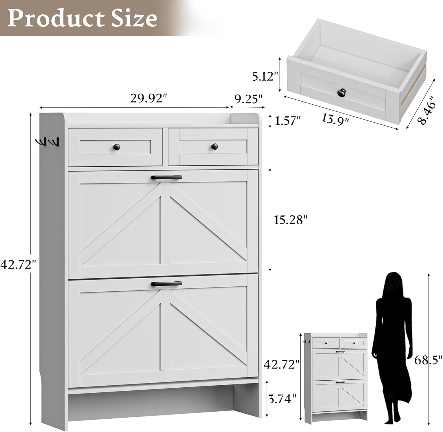 BORNOON Shoe Storage Cabinet for Entryway, Farmhouse Narrow Shoe Cabinet with 2 Flip Drawers & Top Drawers, Adjustable Shelves & Hooks, Freestanding Hidden Rack Organizer for Hallway, Foyer