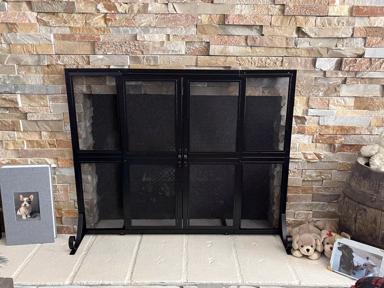 Handcrafted Wrought Iron Fireplace Screen with Sliding Doors – Fire Guard for Children & Pets
