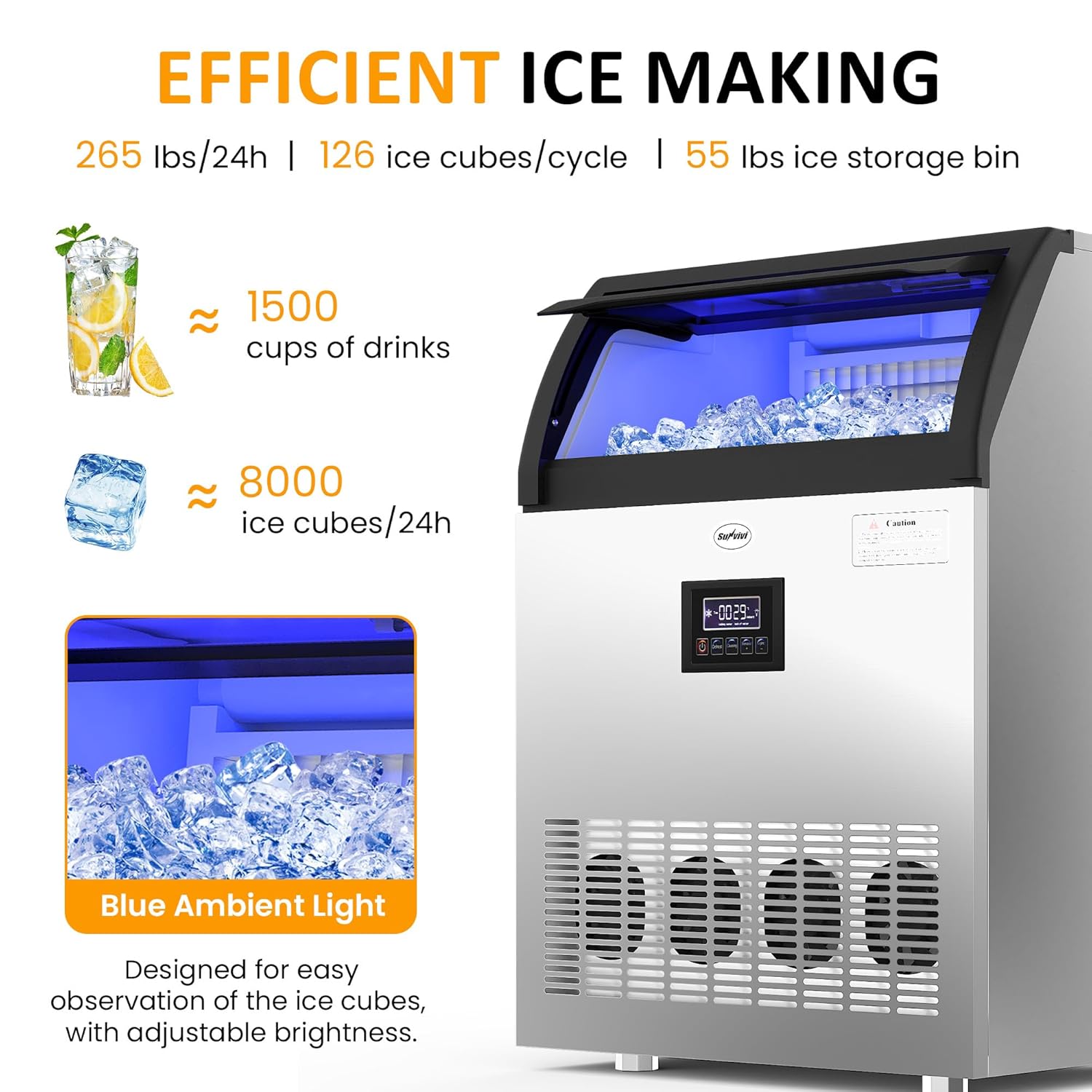 Sunvivi Commercial Ice Maker Machine, 265LBS/24H, 55LBS Storage Bin, Stainless Steel Under Counter Ice Machine for Restaurants, Bars, and Home Use, Includes Water Filter, Scoop, and Hose
