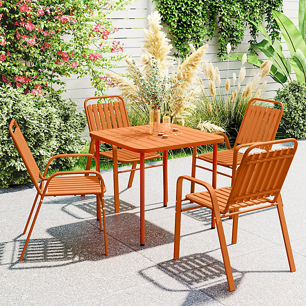 Lot de 4 chaises de jardin empilables design néo-rétro avec hauts dossiers accoudoirs acier époxy PP orange