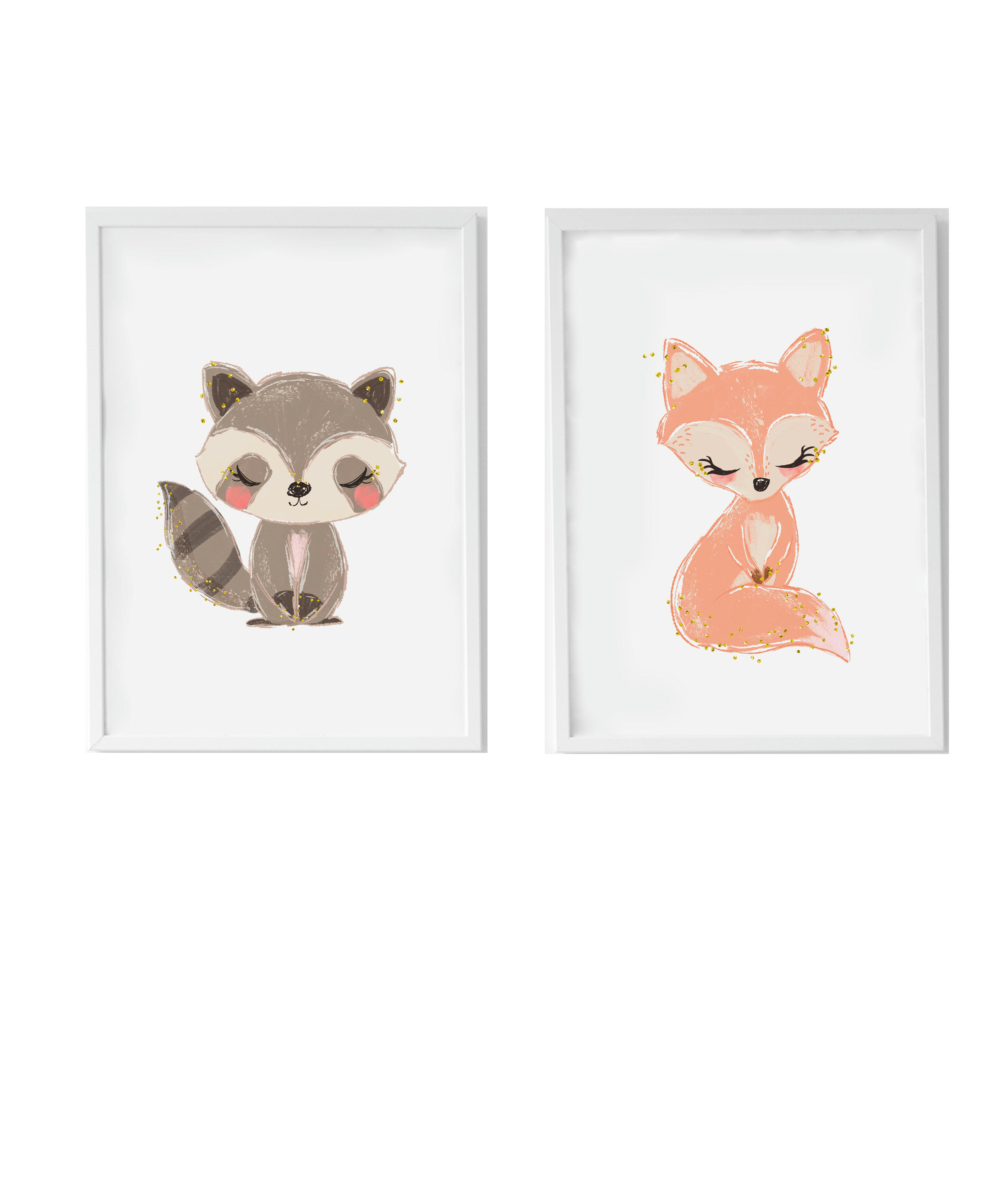 DECOWALL - Pack encadré bois blanc impression le gécureuil et renard 43X33 cm