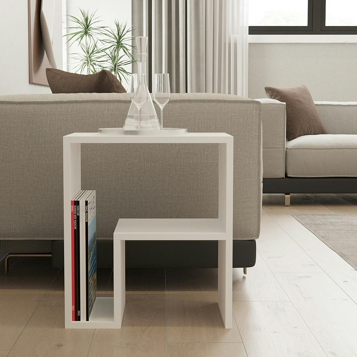 Table d'appoint design blanche, forme L avec rangement MARFA