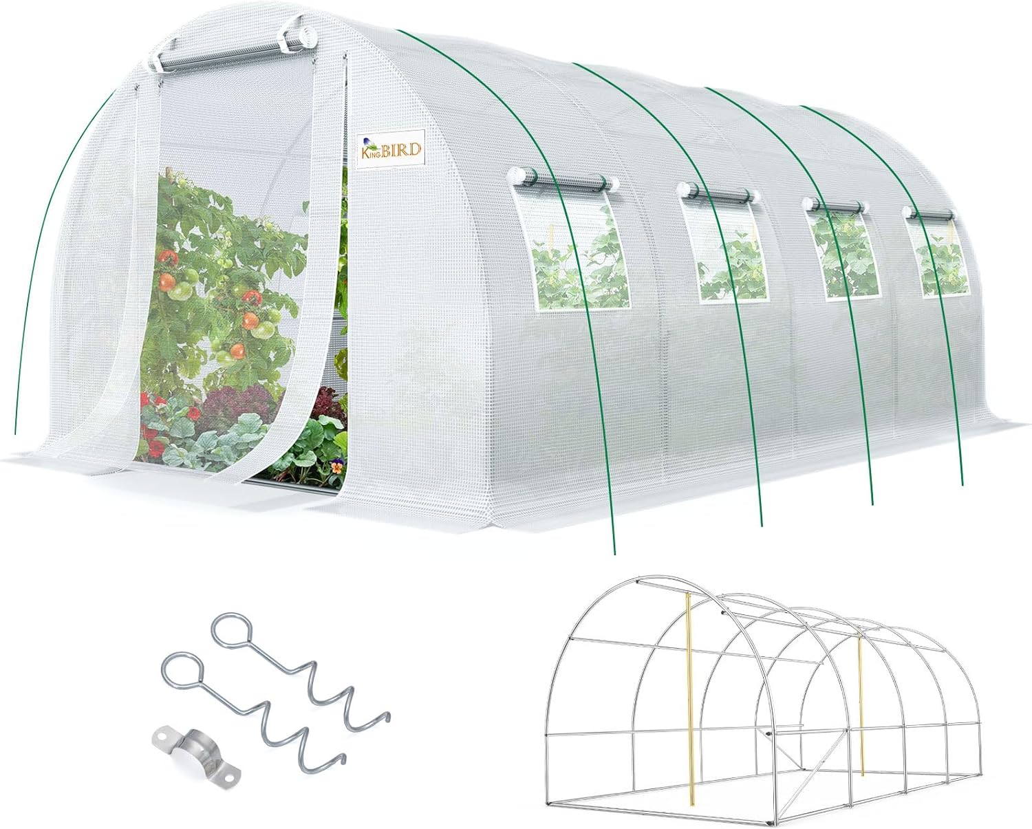 KING BIRD Premium 20x10x6.6FT Greenhouse for Outdoors  Large Walk-in Upgraded Galvanized Metal Frame  Mesh Door Screen Window Improved Zipper Tunnel Hoop for Garden Plant Winter  2 Stiffeners  White