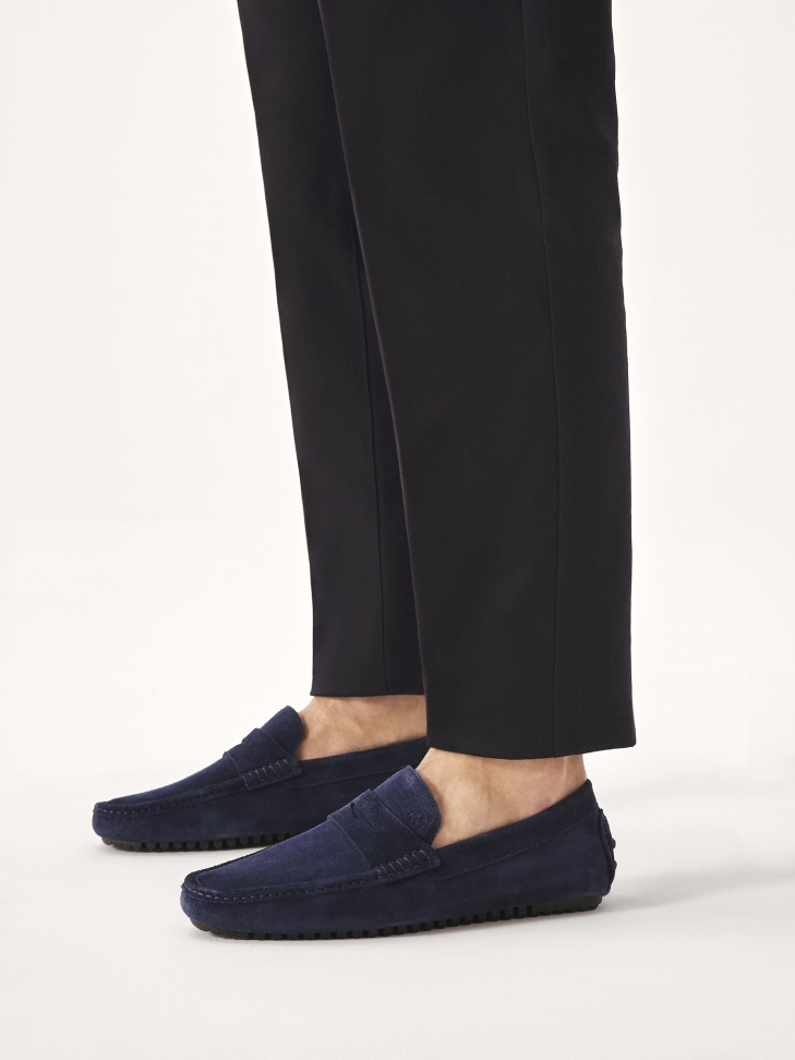 Navy blue suede penske moccasins on a lugged sole