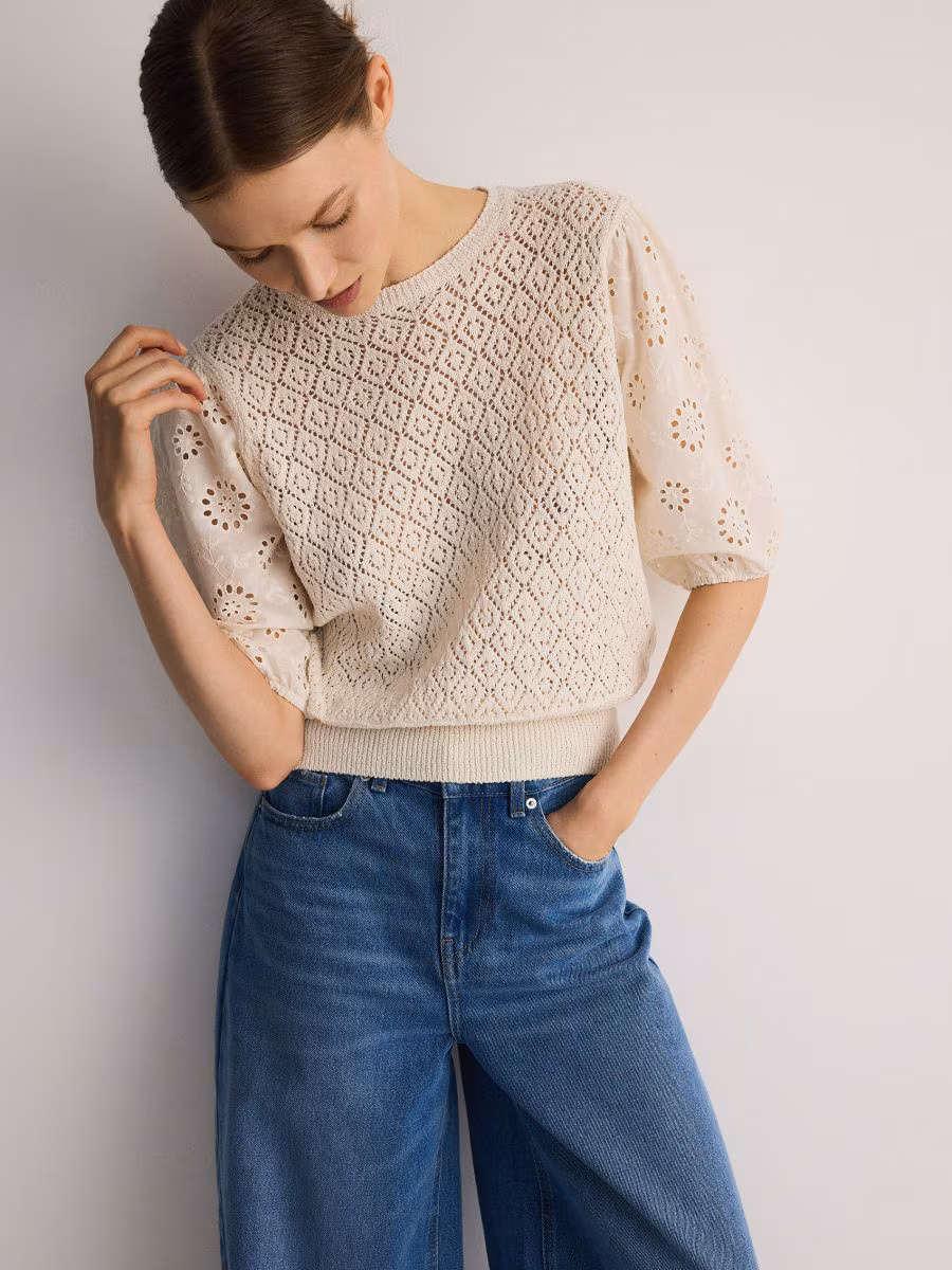 Knitted Fabric Blouse With Broderie Anglaise Detailing