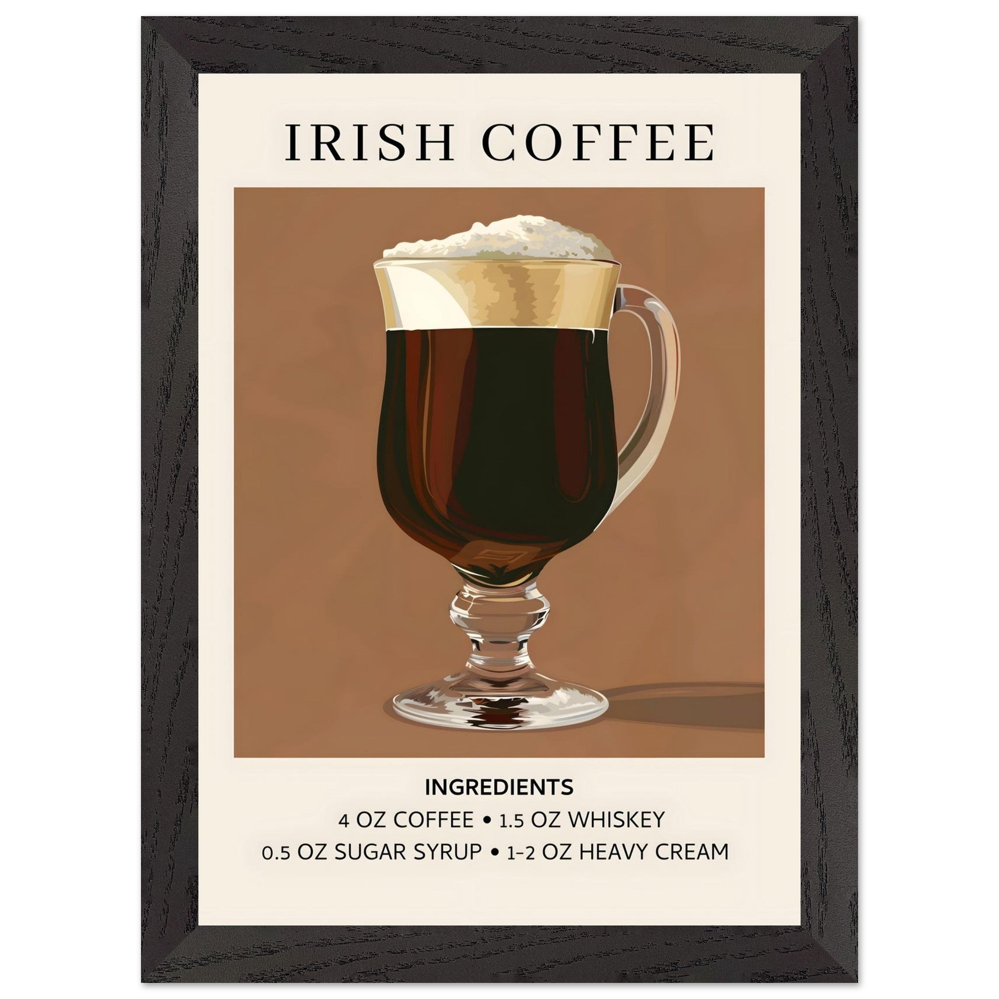 Artfulprints Poster met Lijst Irish Coffee - Ingrediënten  - A4 21x29.7 cm - Bruin