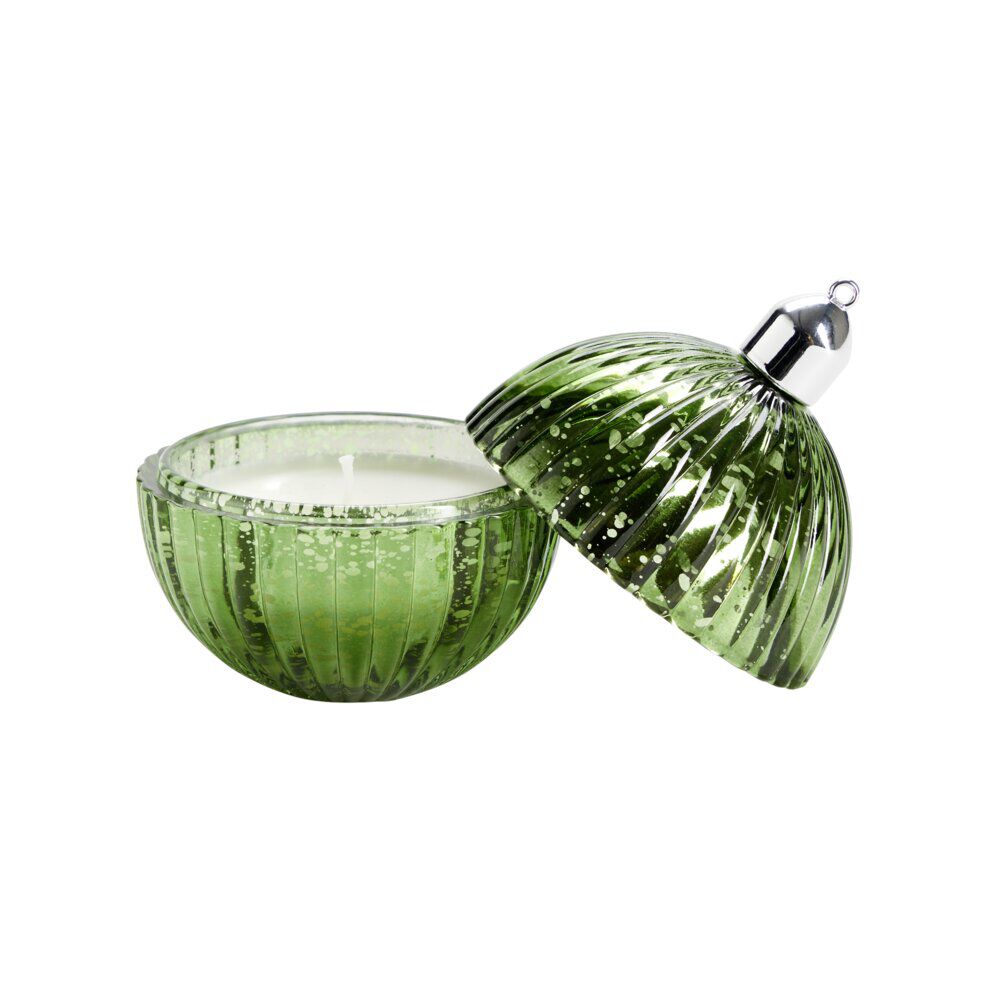 Bougie dans verre forme boule de No&euml;l Ø8xH10,5cm (4 modèles)
