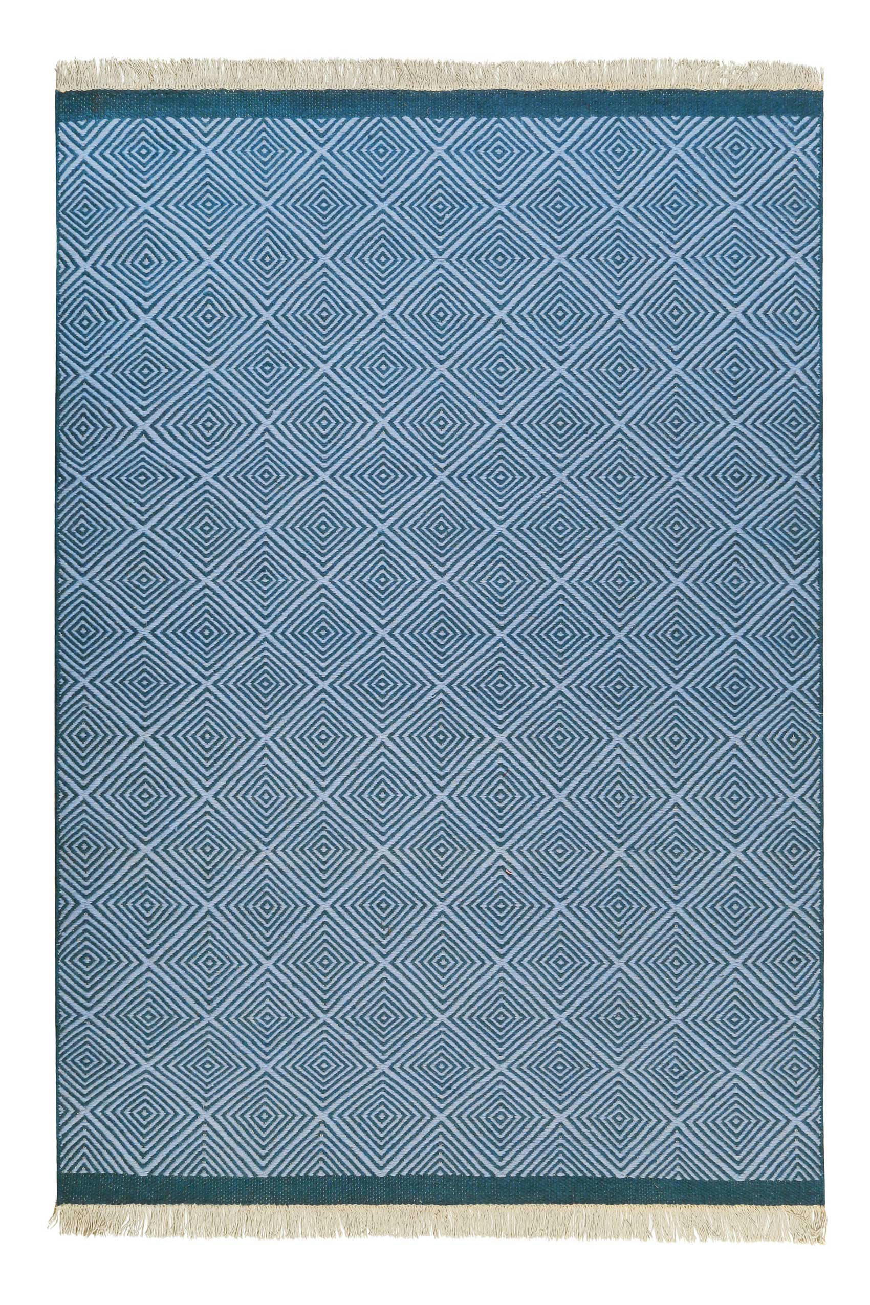 CAIRO - Tapis plat tissé main pure laine vierge à franges bleu 80x150