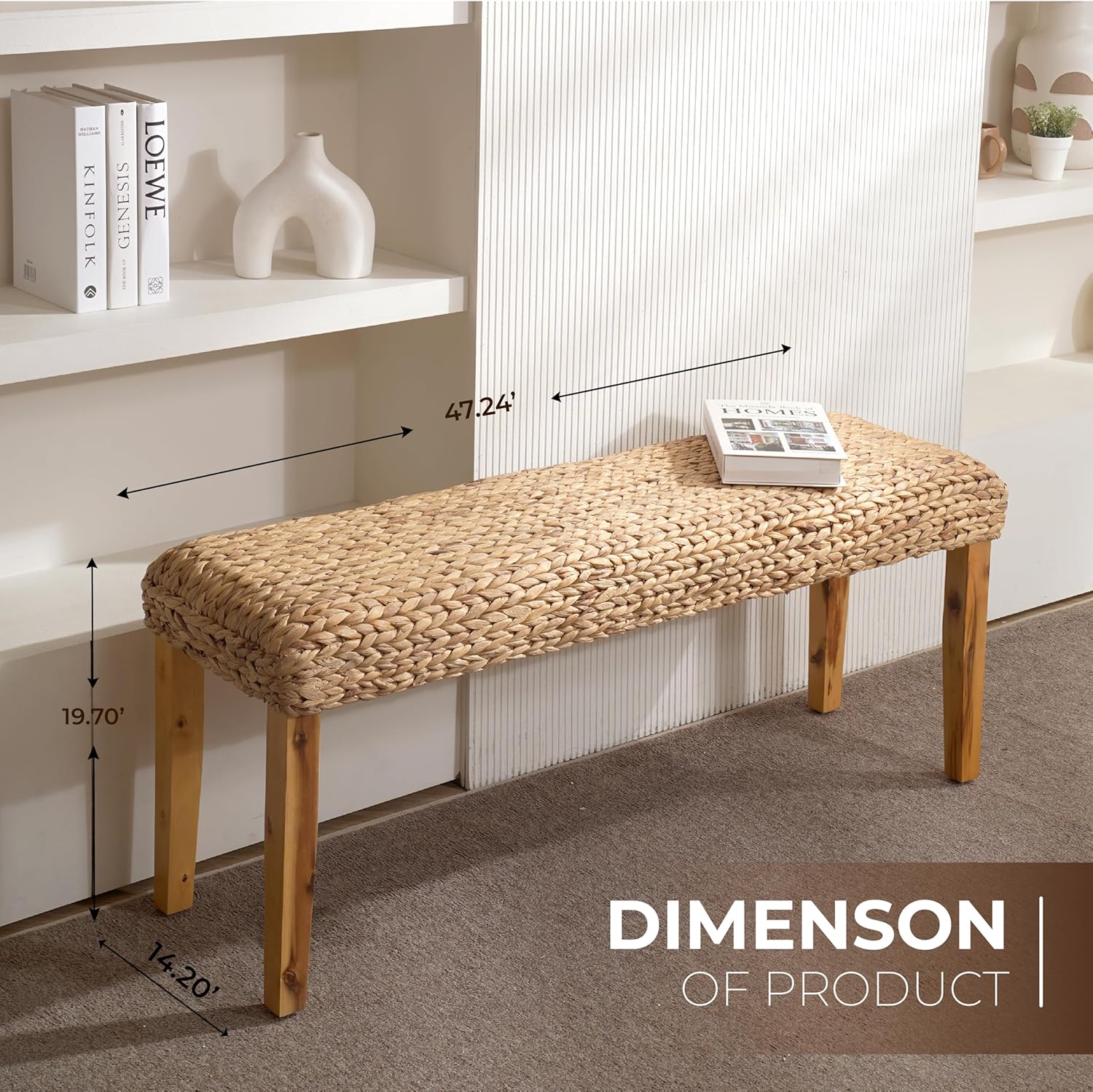 Solid Wood Acacia Indoor Bench with Natural Woven Seat, 47 Inch Wood Bench for Living Room or Entryway Benc, Bedroom End of Bed Bench or Dining Benches, Window Bench (Fishbone, Water Hyacinth)