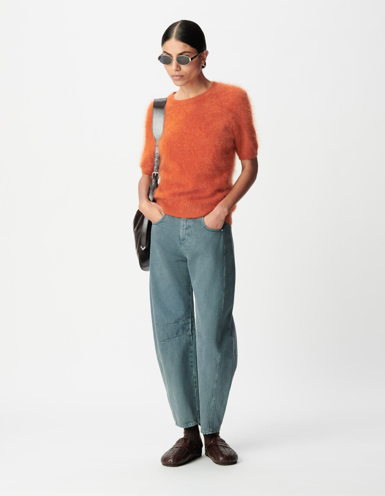 Pull col rond orange tricot cachemire brossé Femme