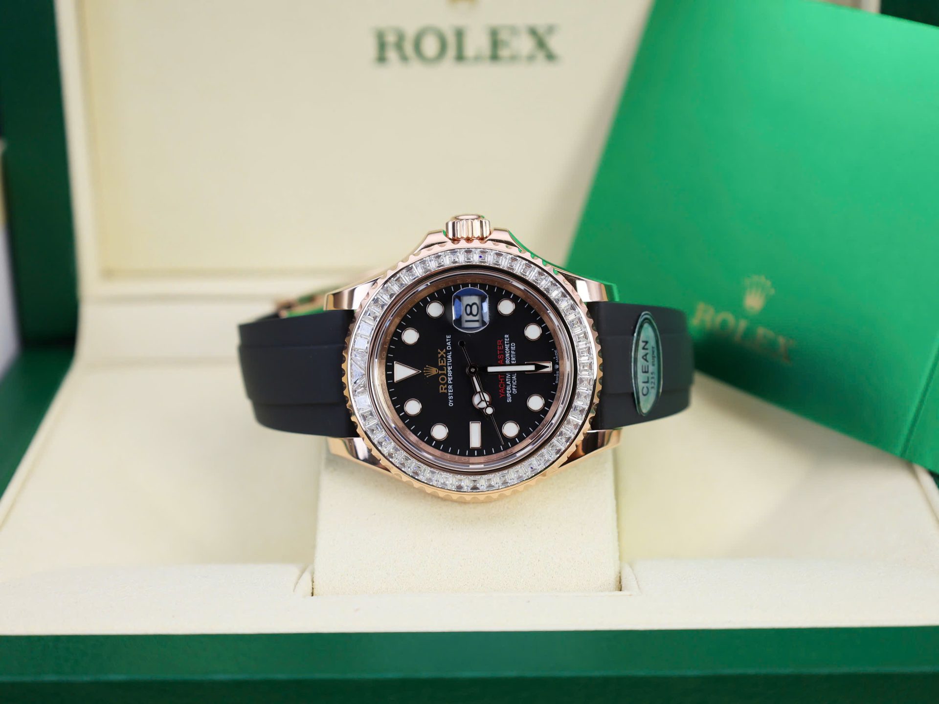 Rolex Yacht-Master RG Plated Black Dial Baguette Diamond 40mm Oysterflex Super Clone