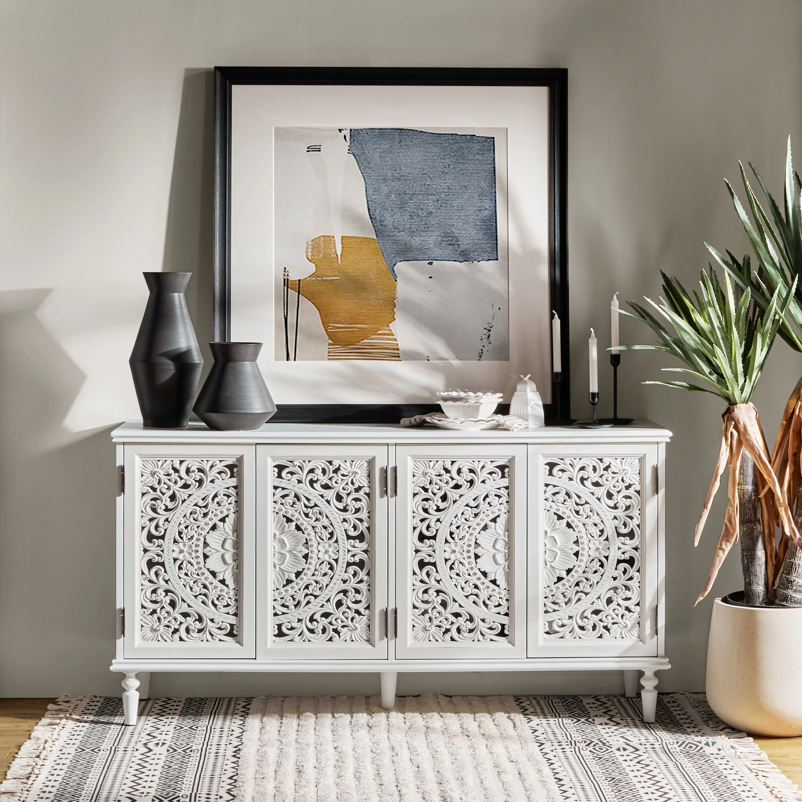 Ismenides Traditional Carved Built-in Lighting Sideboard Storage TV Stand By HULALA HOME