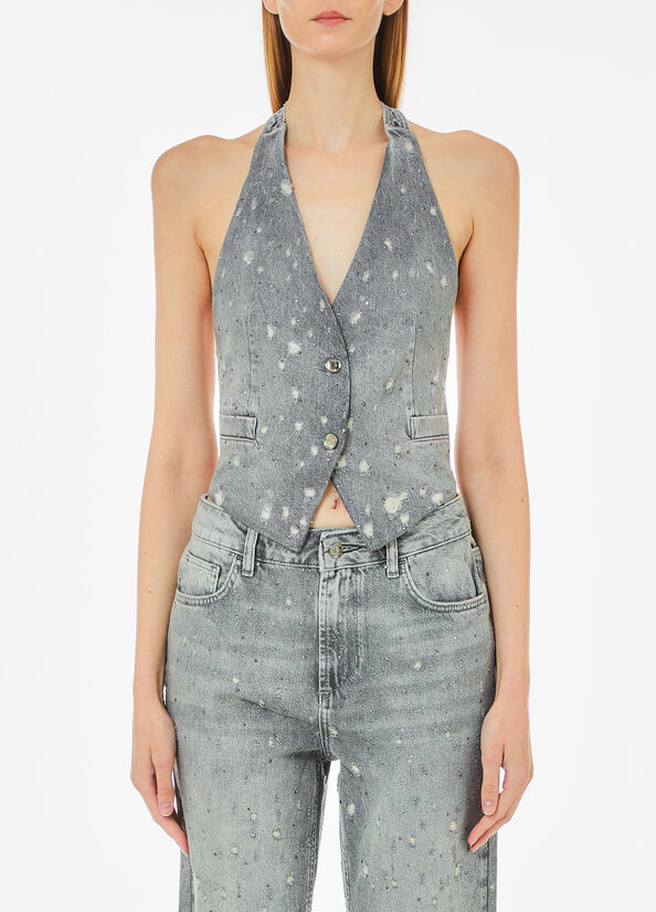Gilet in denim con strass