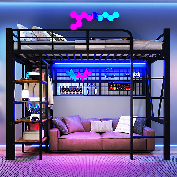 Lit Mezzanine Ado 90x200 cm - LED Intégrée, étagères et Rangements avec Portant Vêtements, Structure Métal/MDF, Noir