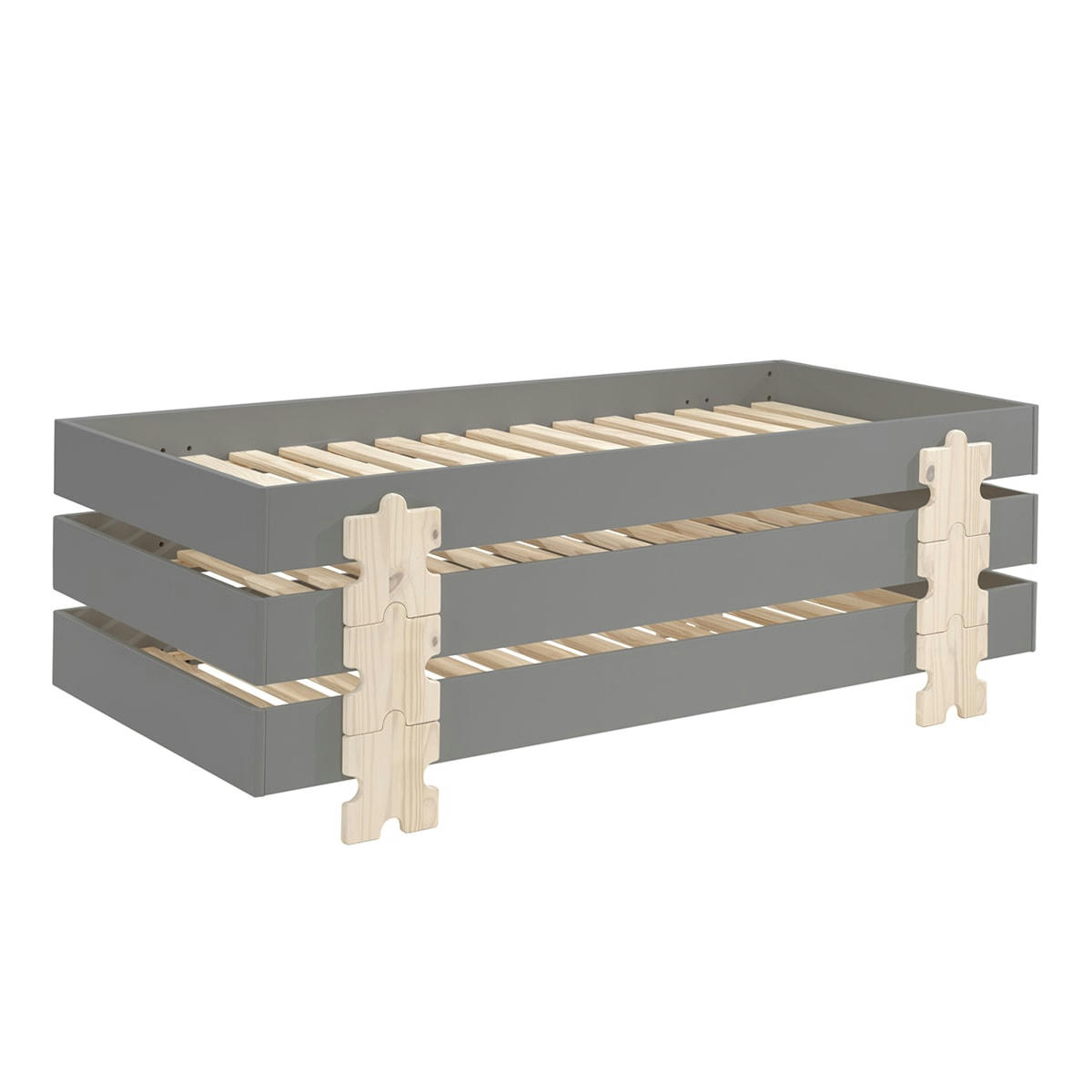 MODULO - Lot de 3 lit empilable 90x200 sommier inclus gris