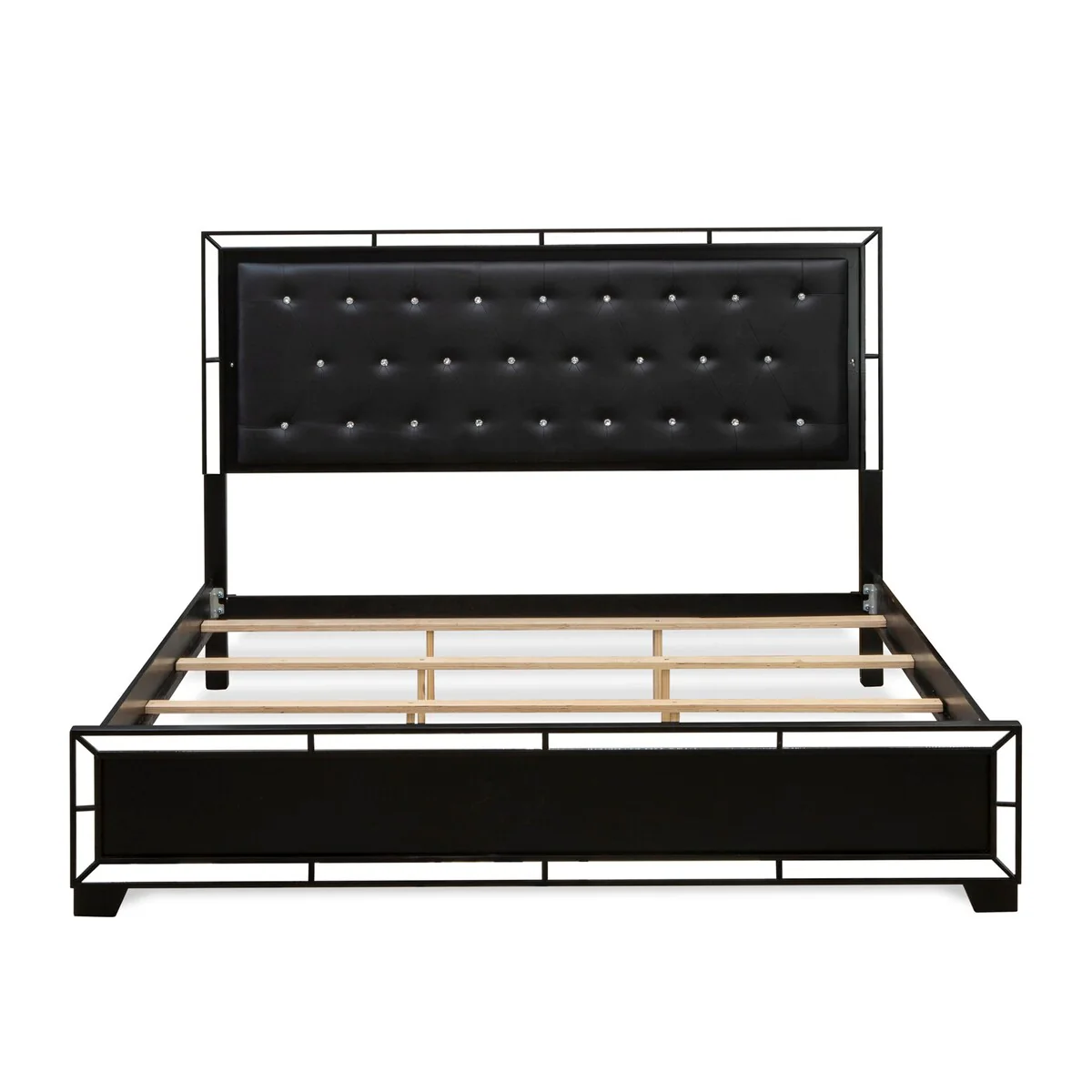 Nella Button Tufted Bedroom Frame - Black faux faux leather Headboard and Black Legs - King Size
