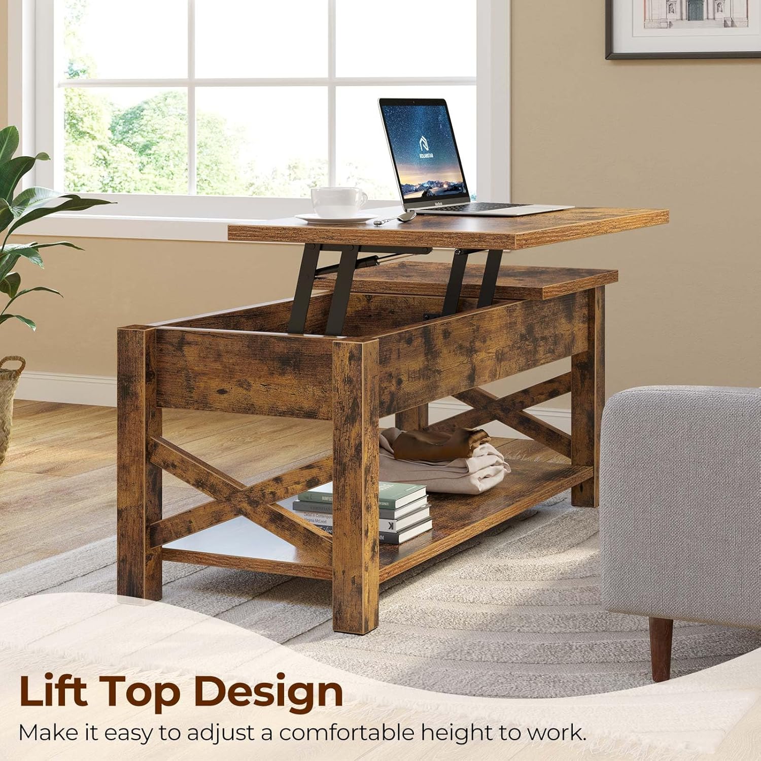 Rolanstar Coffee Table 47.2, 2 Way Lift Top with Hidden Compartment, Lift Top Coffee Table with Open Shelf & X Wooden Support, Center Table for Living Room, Rustic Brown