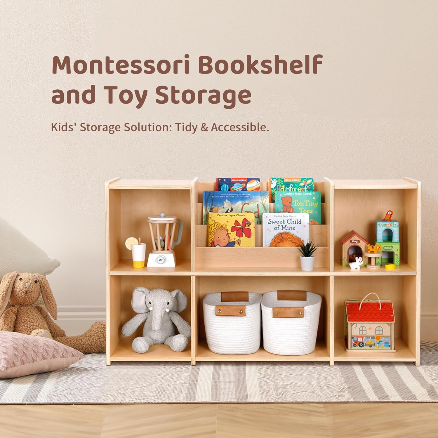 OOOK Montessori Bookshelf and Toy Storage Organizer, 2-Tier Horizontal Bookshelf, 5-Compartment Toy Storage Cabinet with Book Rack, Ideal Choice for Kids Classroom Organizer, Playroom and Daycare