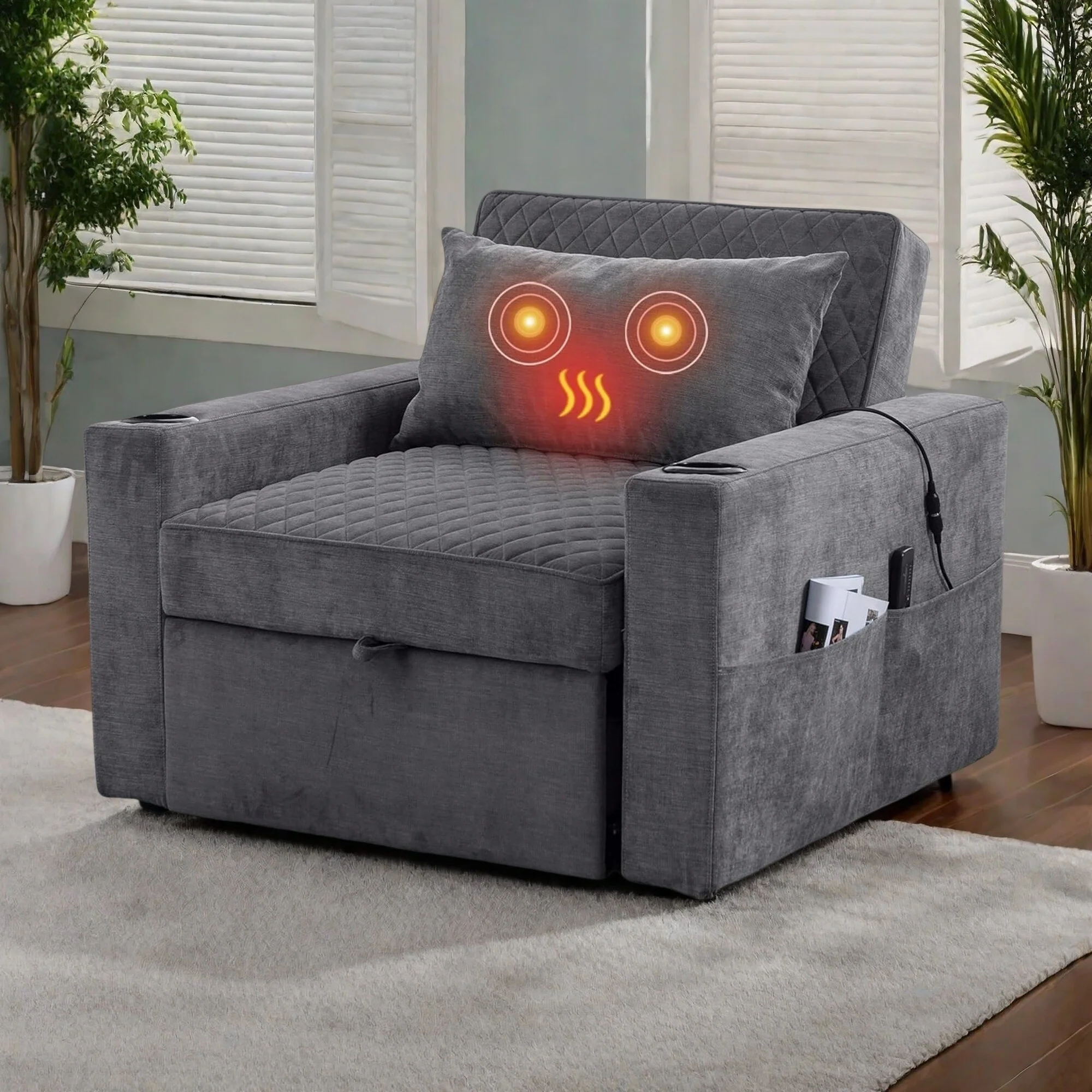 66.93Metal 2-Seater Sleeper Sofa Massage and Heat Pillow and Hidden Storage and Cup Holders