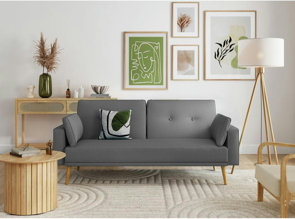 ELGA - Canapé droit convertible style scandinave en tissu gris foncé