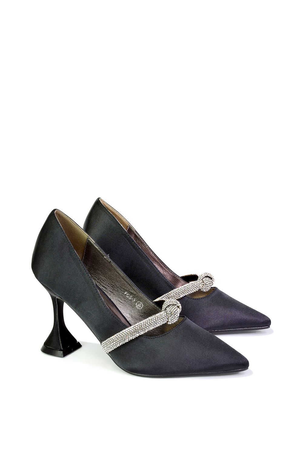XY London Beau' Diamante Trim Satin Court Shoes Satin Point Toe Mid High Heel