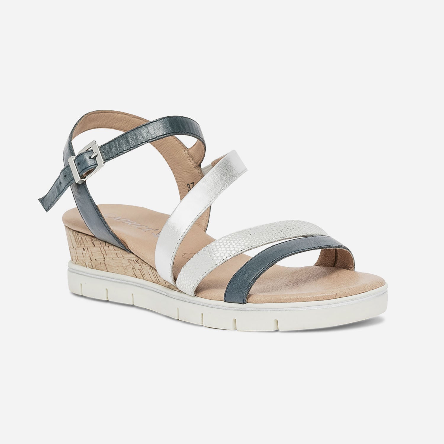 Sandale compensée CAPRICE bleu grisé et argent en cuir
