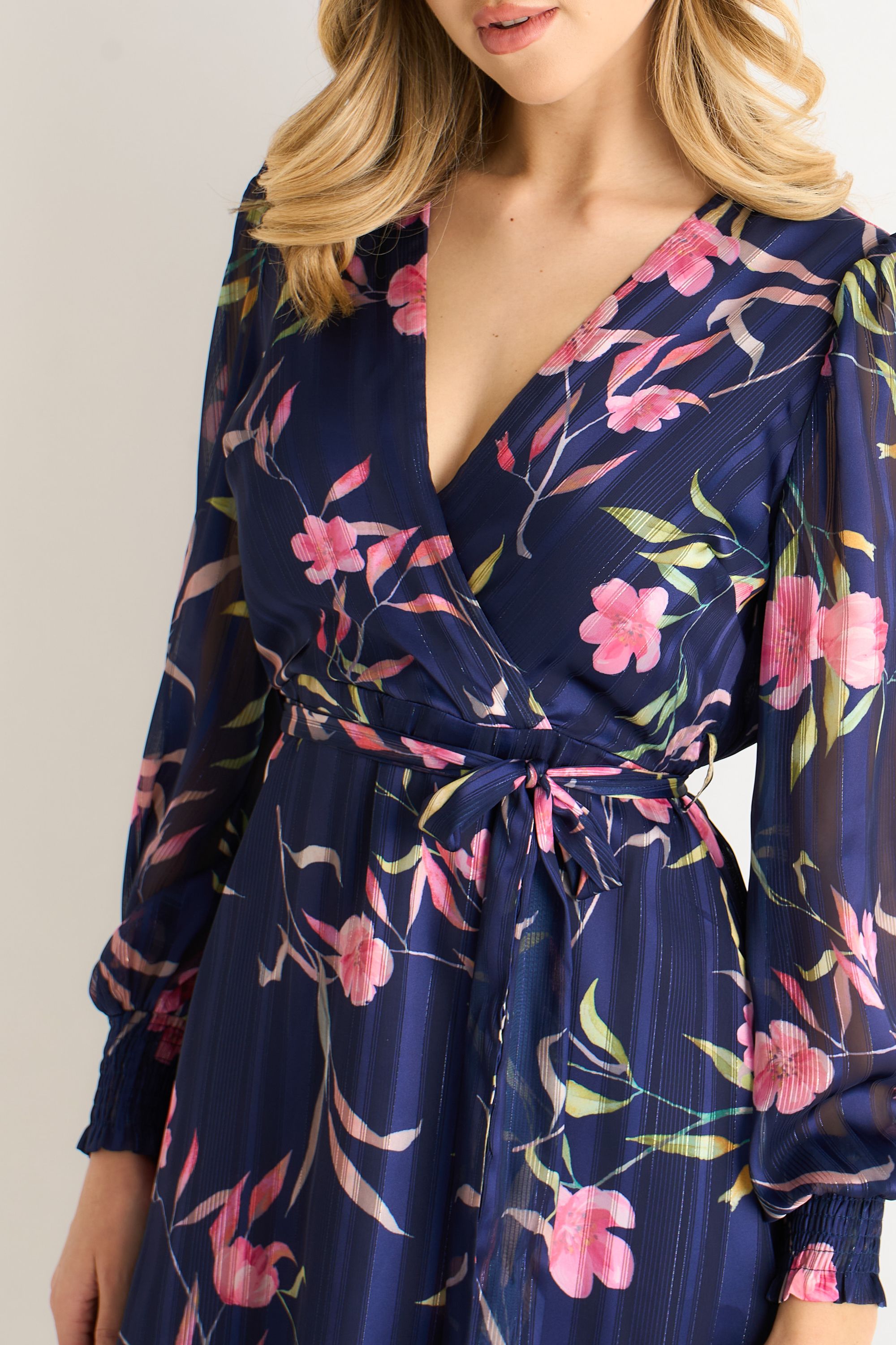 Gini London Navy Floral Print Shimmer Stripe Chiffon Wrap Mini Dress