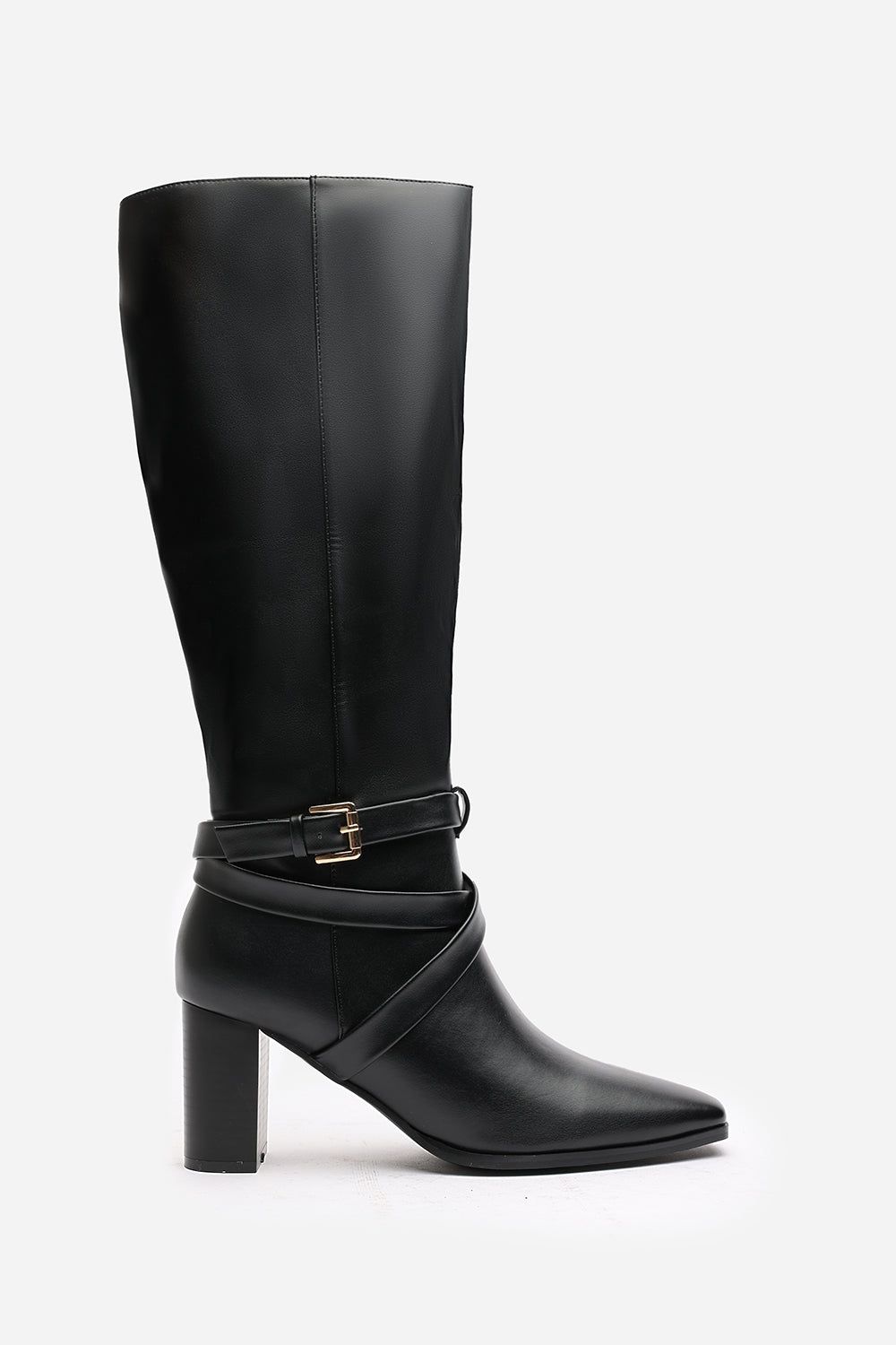 Where's That From Jolisa' Suede Buckle Strap Knee High Boots Block Heel Pointed Toe