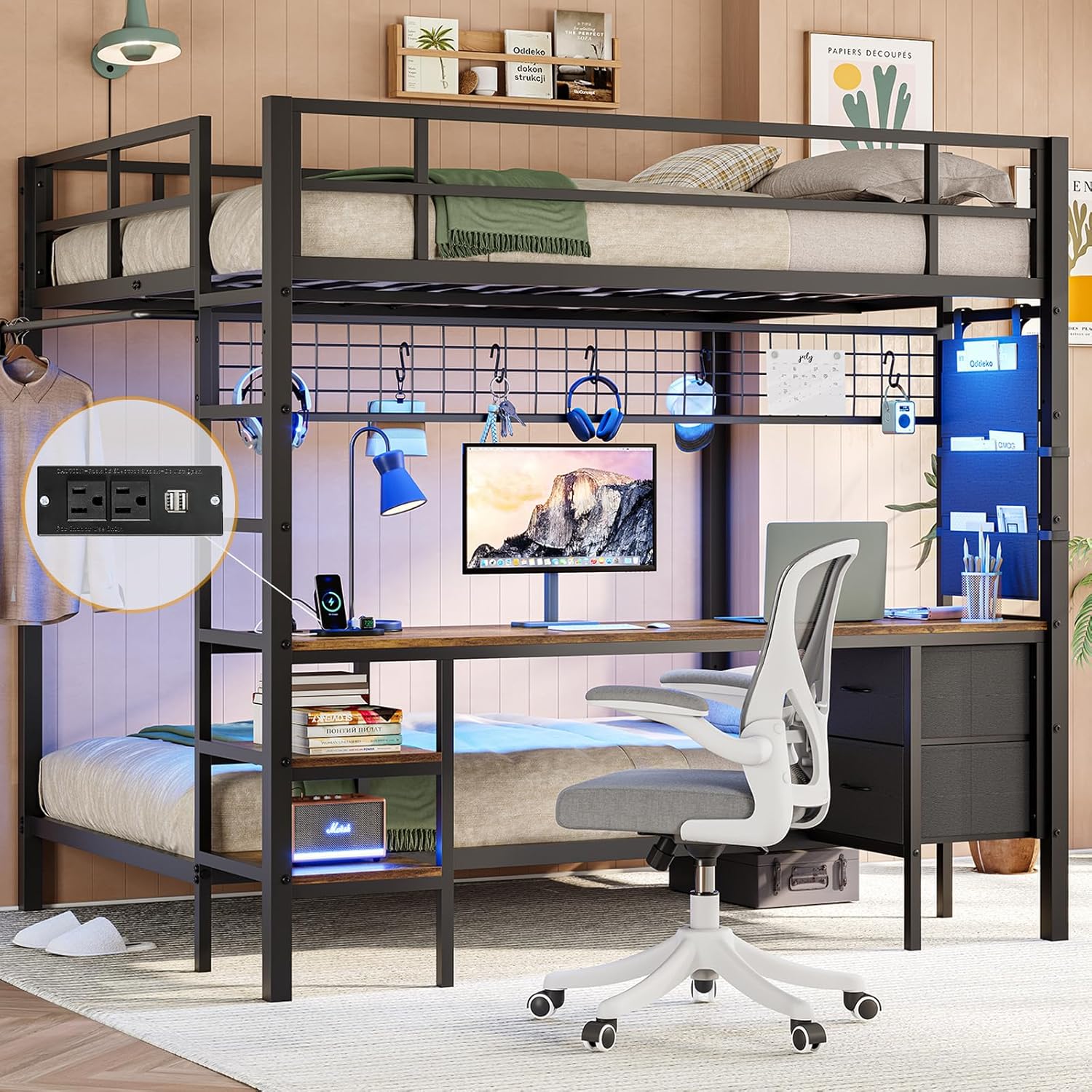 DICTAC Full Over Twin Bunk Bed with Desk and Charging Station Metal Full Over Twin Size Bunk Bed with Led Lights,Storage Shelves and Drawers,Bunk Beds for Teen/Adult with Safety Guard & Stairs,Black