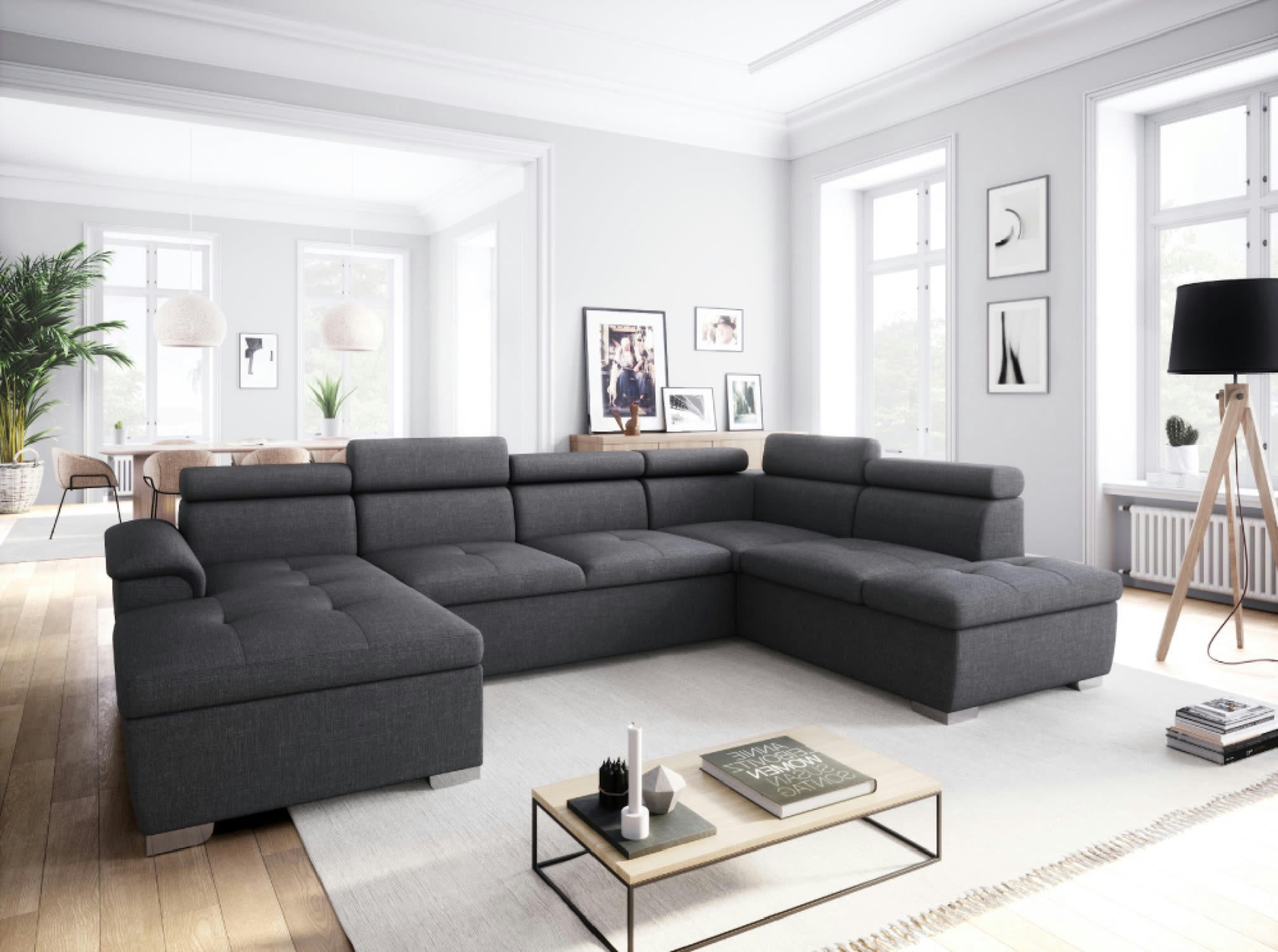 PAOLA - Canapé panoramique convertible avec coffre en tissu gris foncé