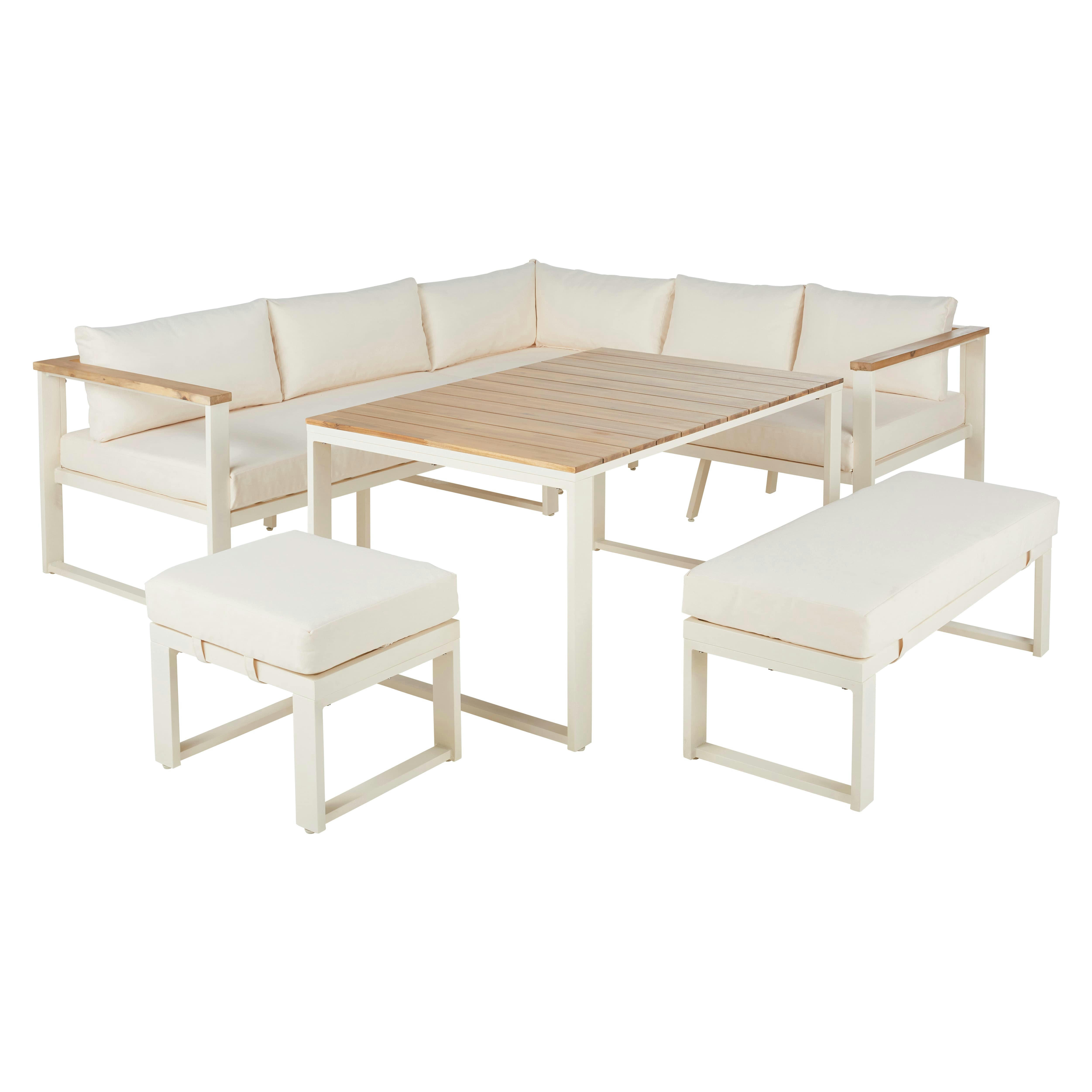 Ezra - Ensemble canapé d'angle de jardin 8 places en aluminium et polyester recyclé beiges, 1 tabouret, 1 banc et 1 table